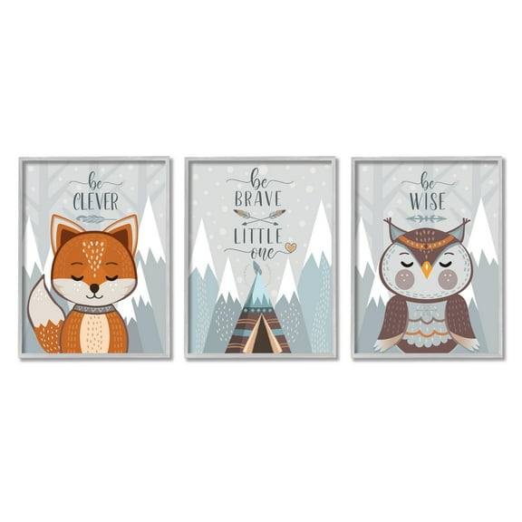 Stupell Industries Be Clever Brave And Wise Phrases Forest Animal Grey Framed, 11 x 14, Design by AE Design