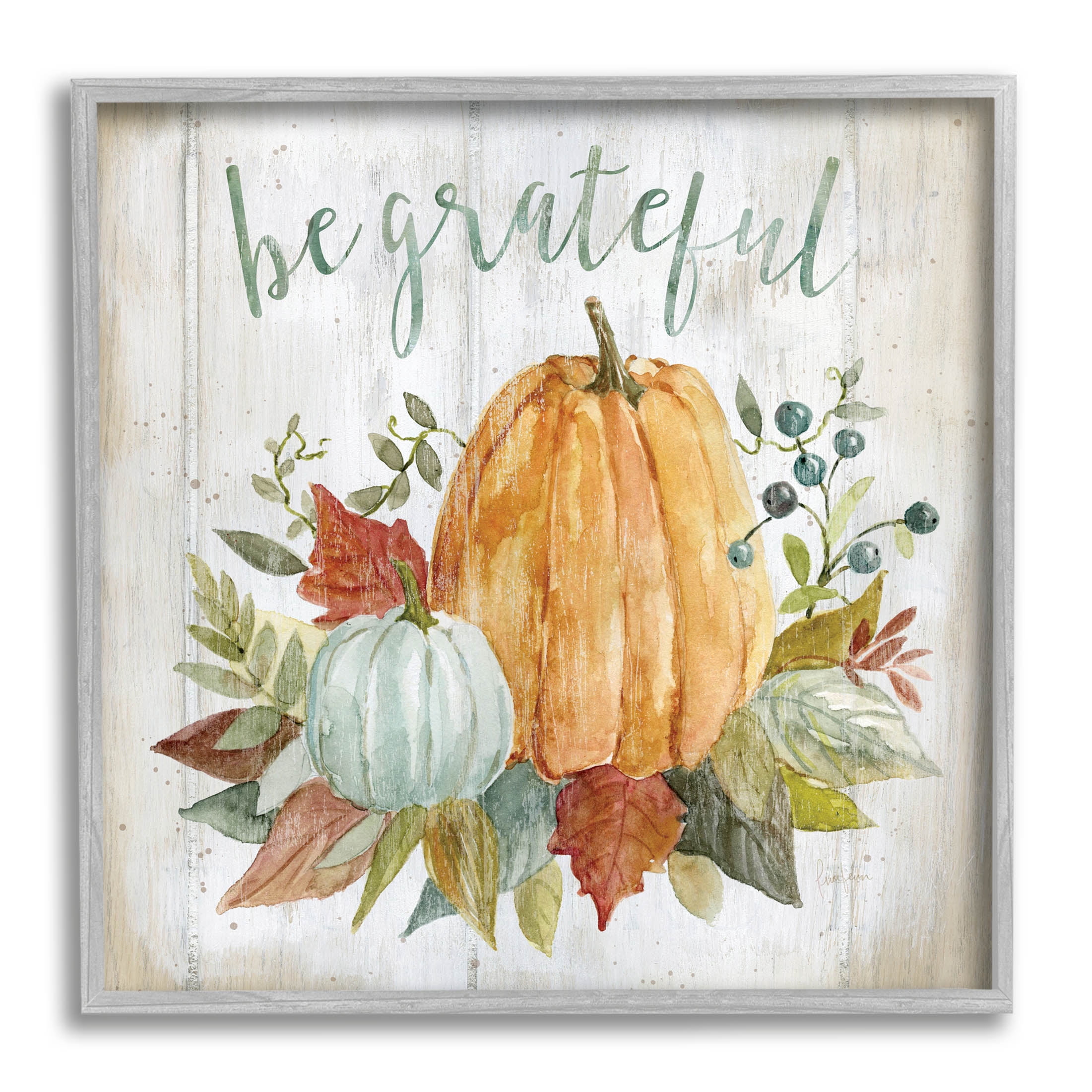 Stupell Industries Be Grateful Autumnal Botanicals Graphic Art Gray Framed Art Print Wall Art, Design by Livi Finn