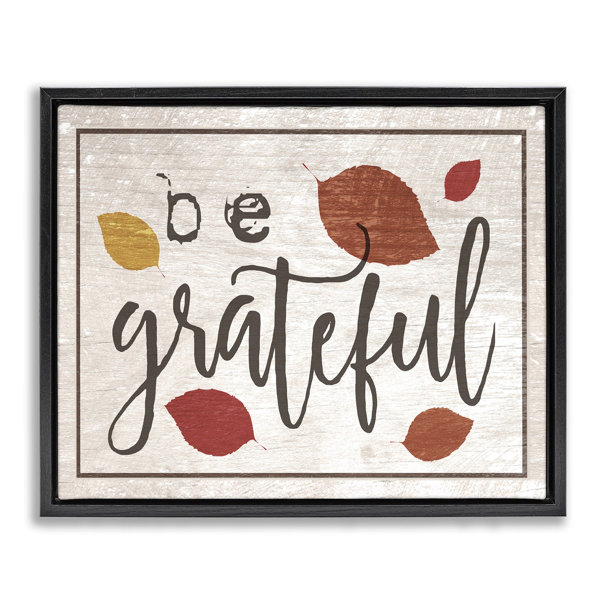 Stupell Industries Be Grateful Fall Leaves Typography Holiday Painting Black Floater Framed Canvas Art Print Wall Art, 31 x 25