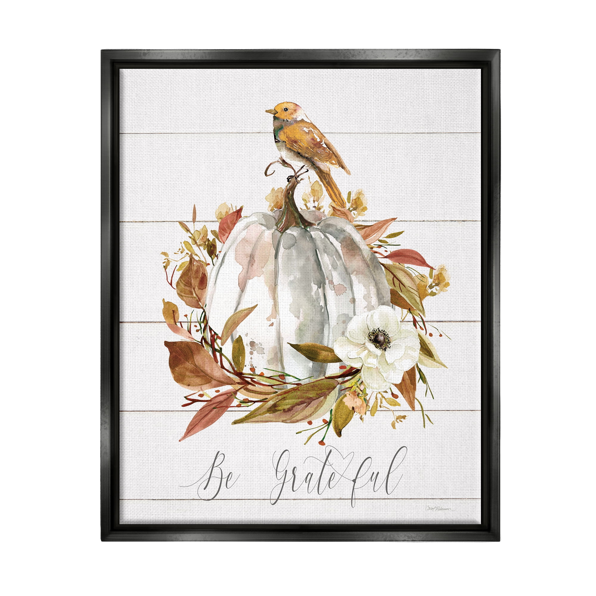 Stupell Industries Be Grateful Fall Pumpkin Botanical & Floral Painting Black Floater Framed Canvas Art Print Wall Art, 25 x 31