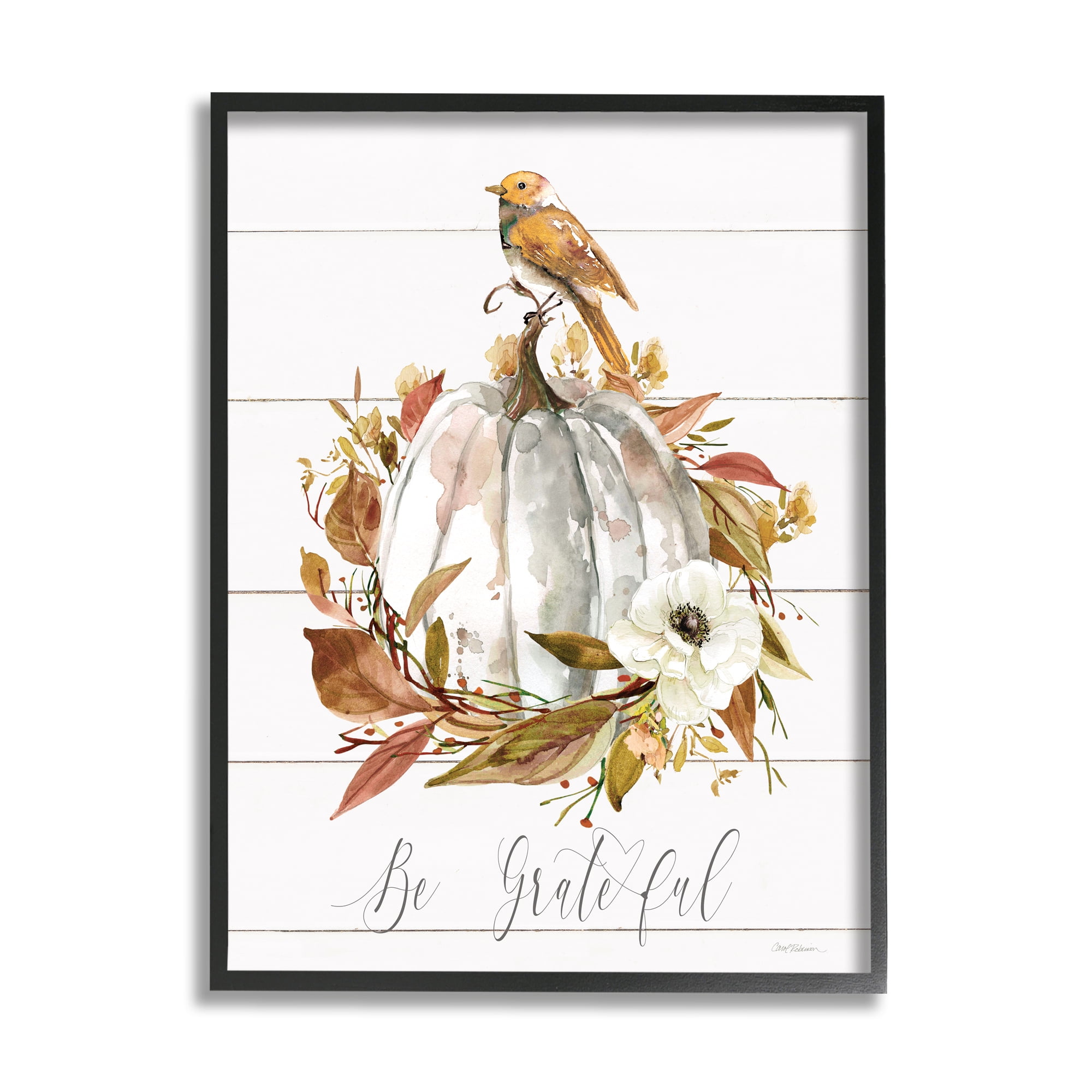 Stupell Industries Be Grateful Fall Pumpkin Botanical & Floral Painting Black Framed Art Print Wall Art, 16 x 20