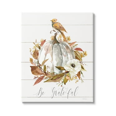 Stupell Industries Be Grateful Fall Pumpkin Botanical & Floral Painting Gallery Wrapped Canvas Art Print Wall Art, 16 x 20