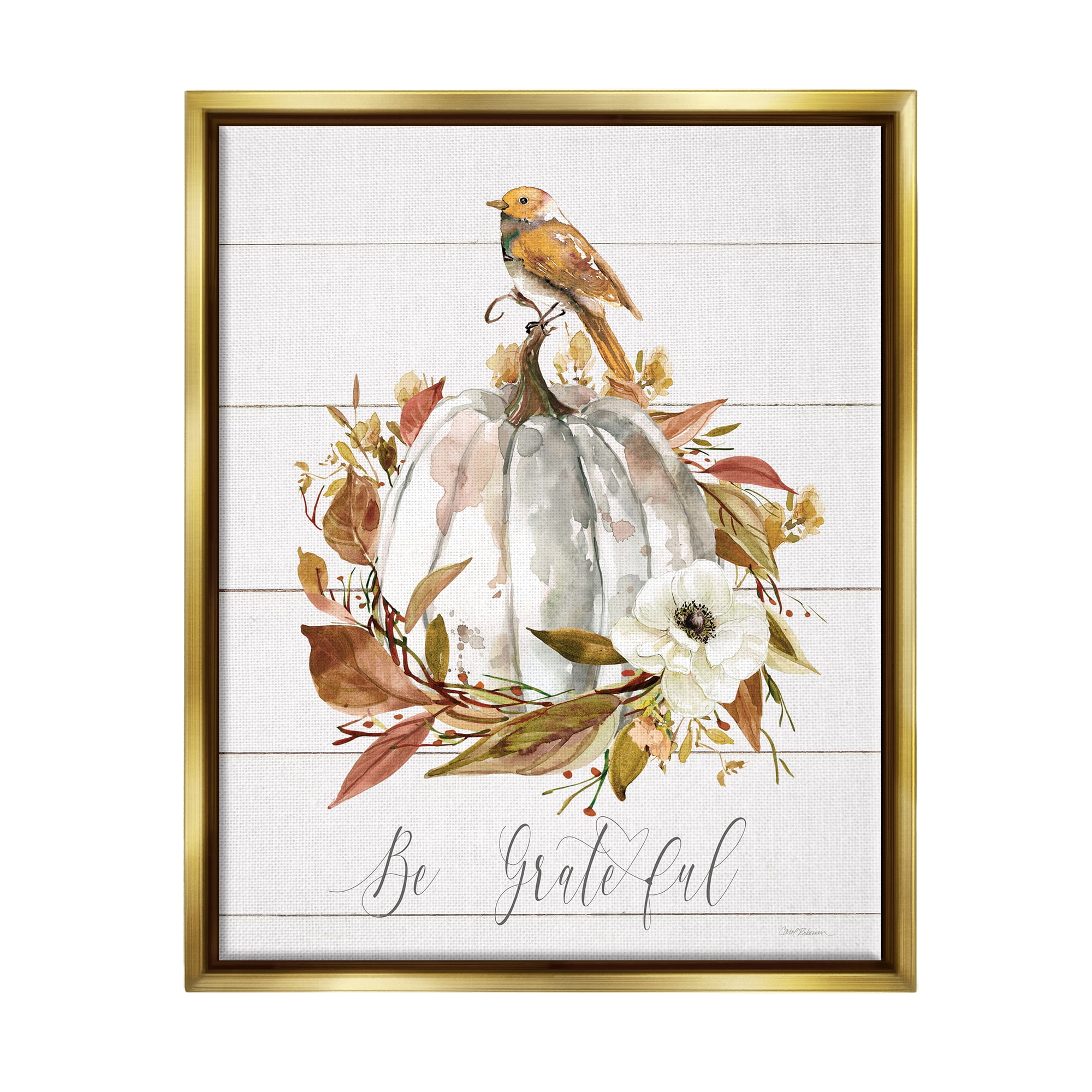 Stupell Industries Be Grateful Fall Pumpkin Botanical & Floral Painting Gold Floater Framed Canvas Art Print Wall Art, 17 x 21