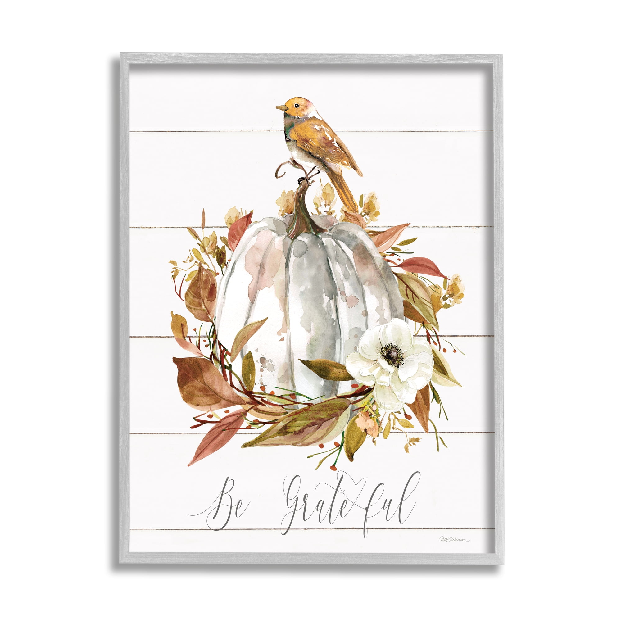 Stupell Industries Be Grateful Fall Pumpkin Botanical & Floral Painting Gray Framed Art Print Wall Art, 11 x 14