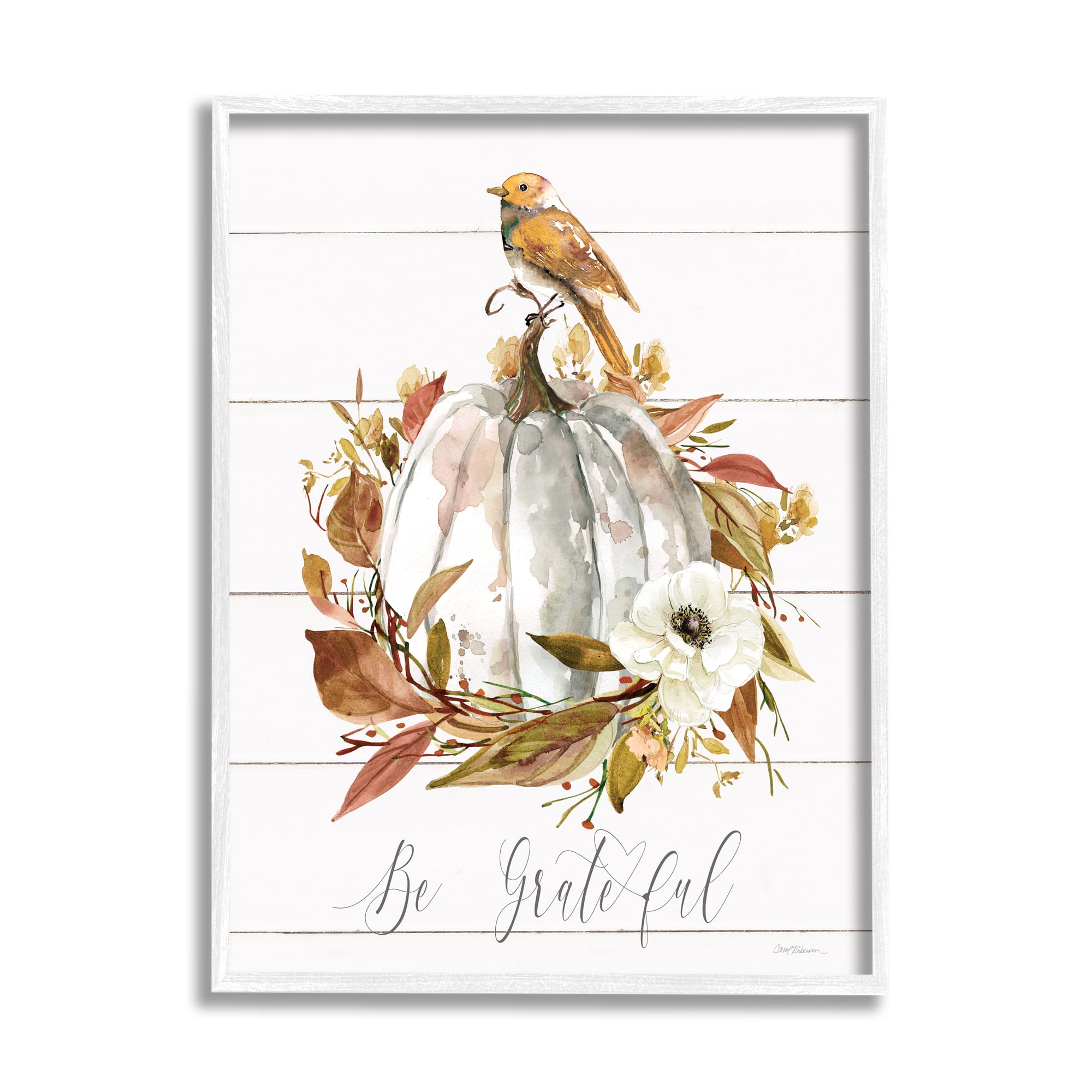Stupell Industries Be Grateful Fall Pumpkin Botanical & Floral Painting White Framed Art Print Wall Art, 16 x 20