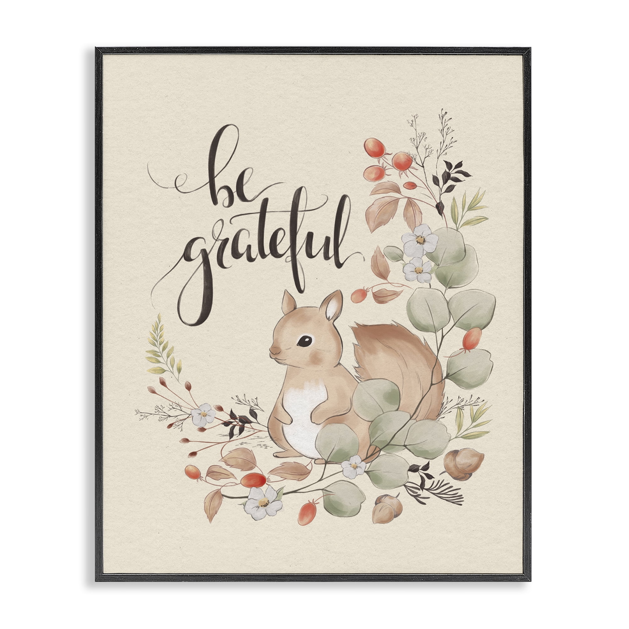Stupell Industries Be Grateful Squirrel Animals Painting Black Framed Art Print Wall Art, 16 x 20