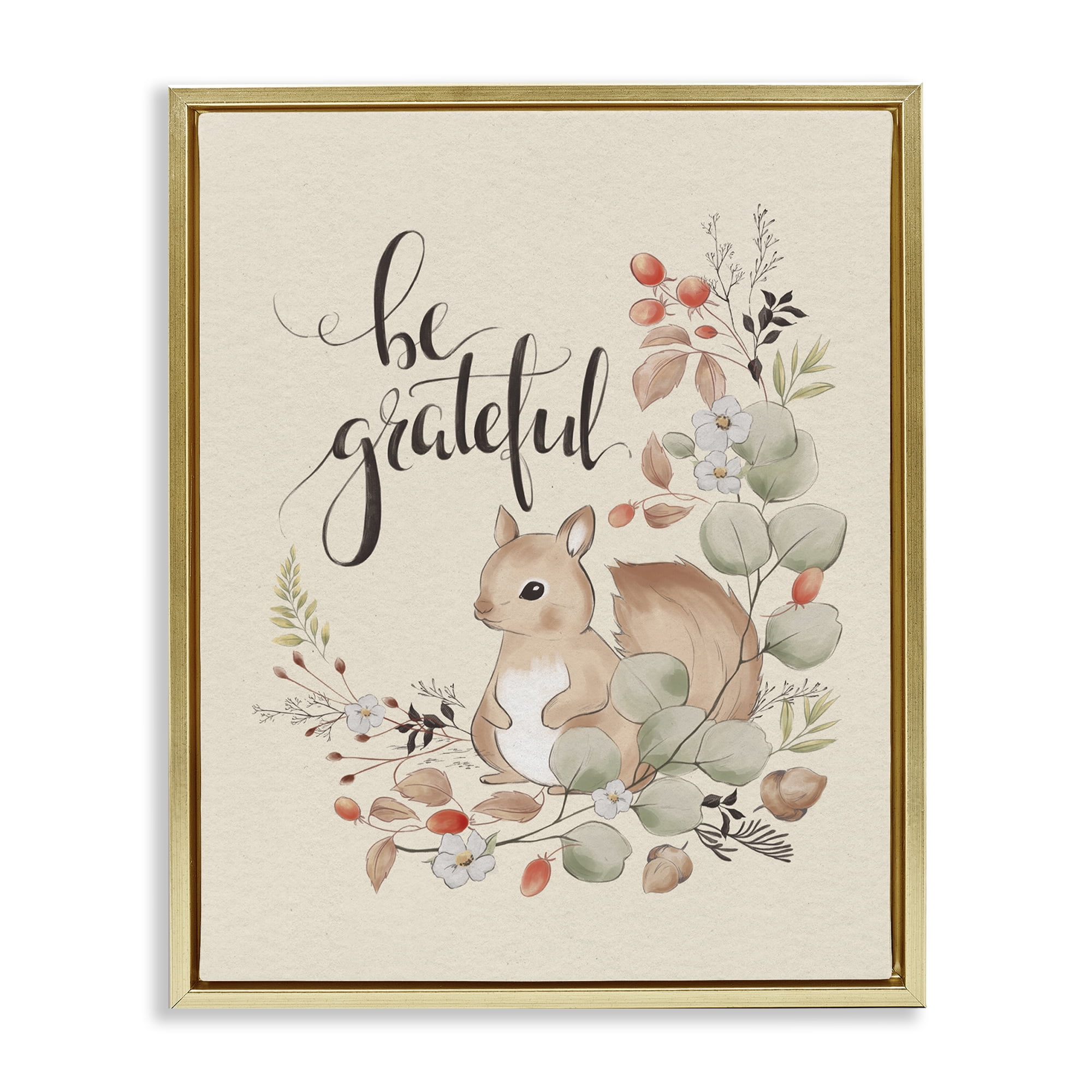 Stupell Industries Be Grateful Squirrel Animals Painting Gold Floater Framed Canvas Art Print Wall Art, 25 x 31