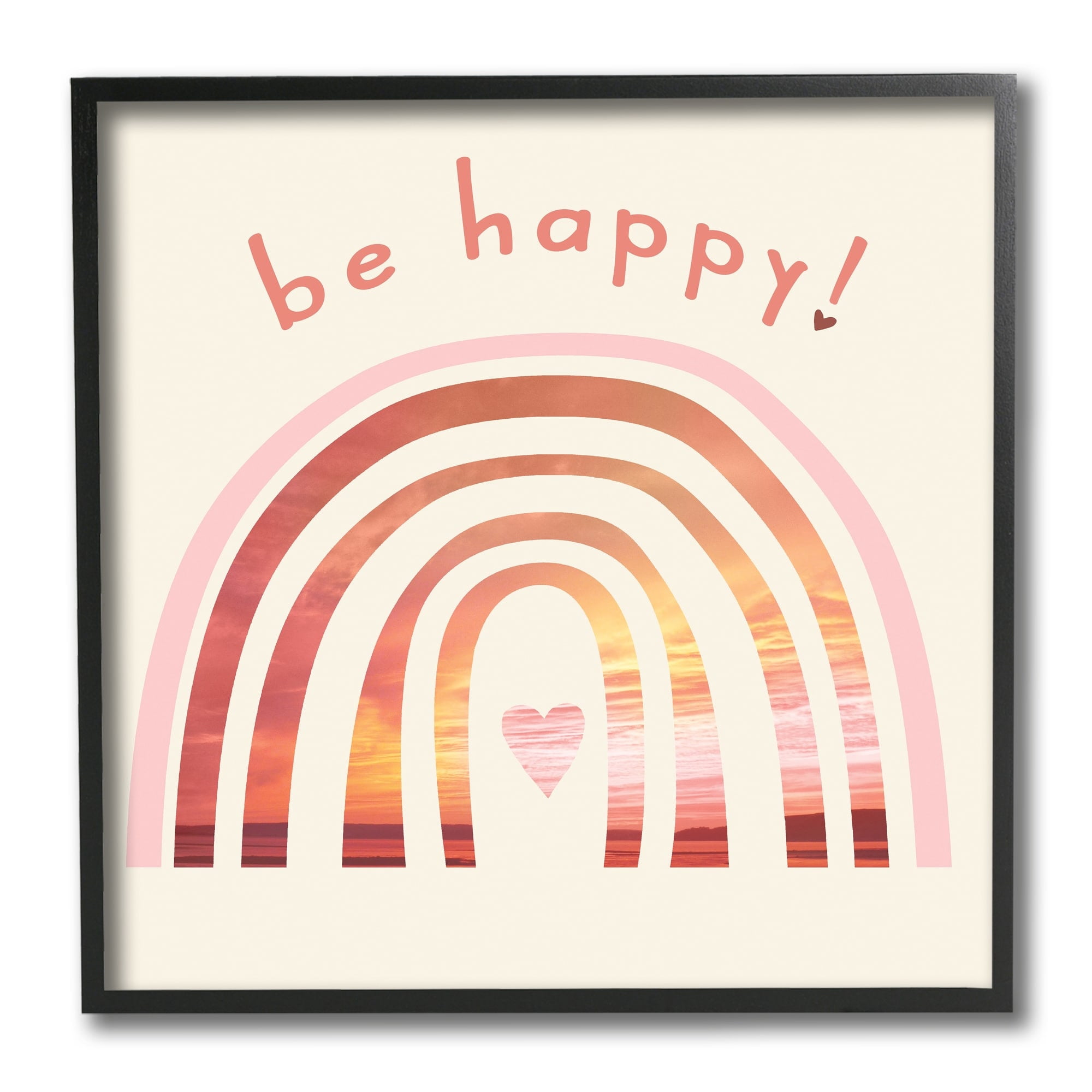 Stupell Industries Be Happy Phrase Warm Tone Beach Rainbow Nature Painting Black Framed Art Print Wall Art, 12 x 12