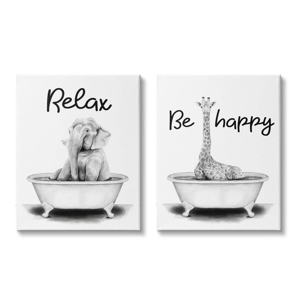 Stupell Industries Be Happy and Relax Jungle Animal Bathtub Illustration Canvas Wall Art Design by Rachel Nieman