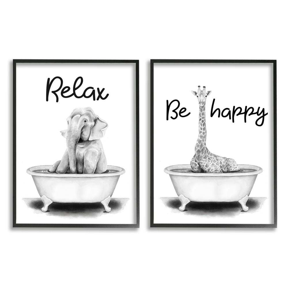 Stupell Industries Be Happy and Relax Jungle Animal Bathtub Illustration Framed Wall Art Design by Rachel Nieman