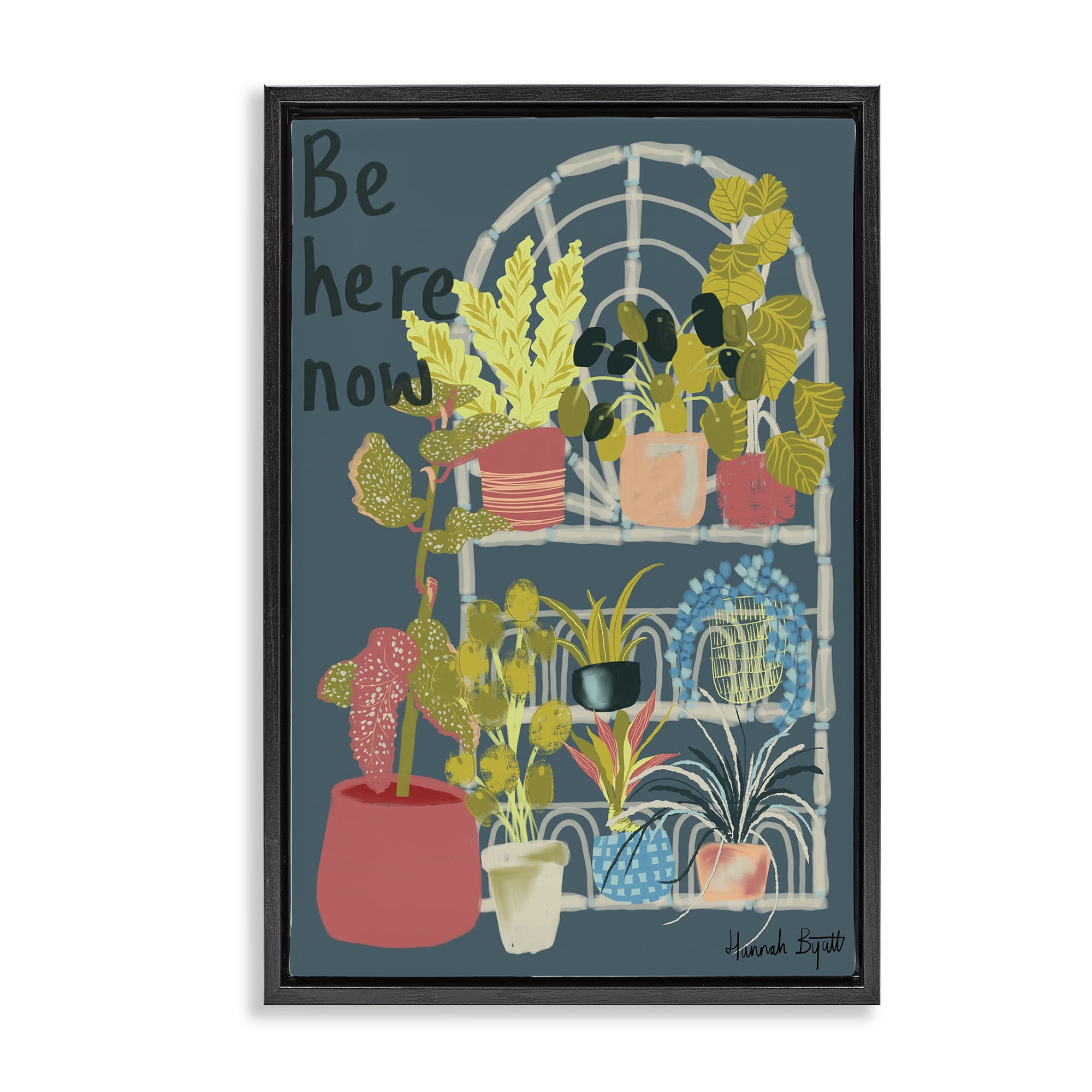 Stupell Industries Be Here Now Plant Shelf Plants & Flowers Painting Black Floater Framed Canvas Art Print Wall Art, 21 x 31