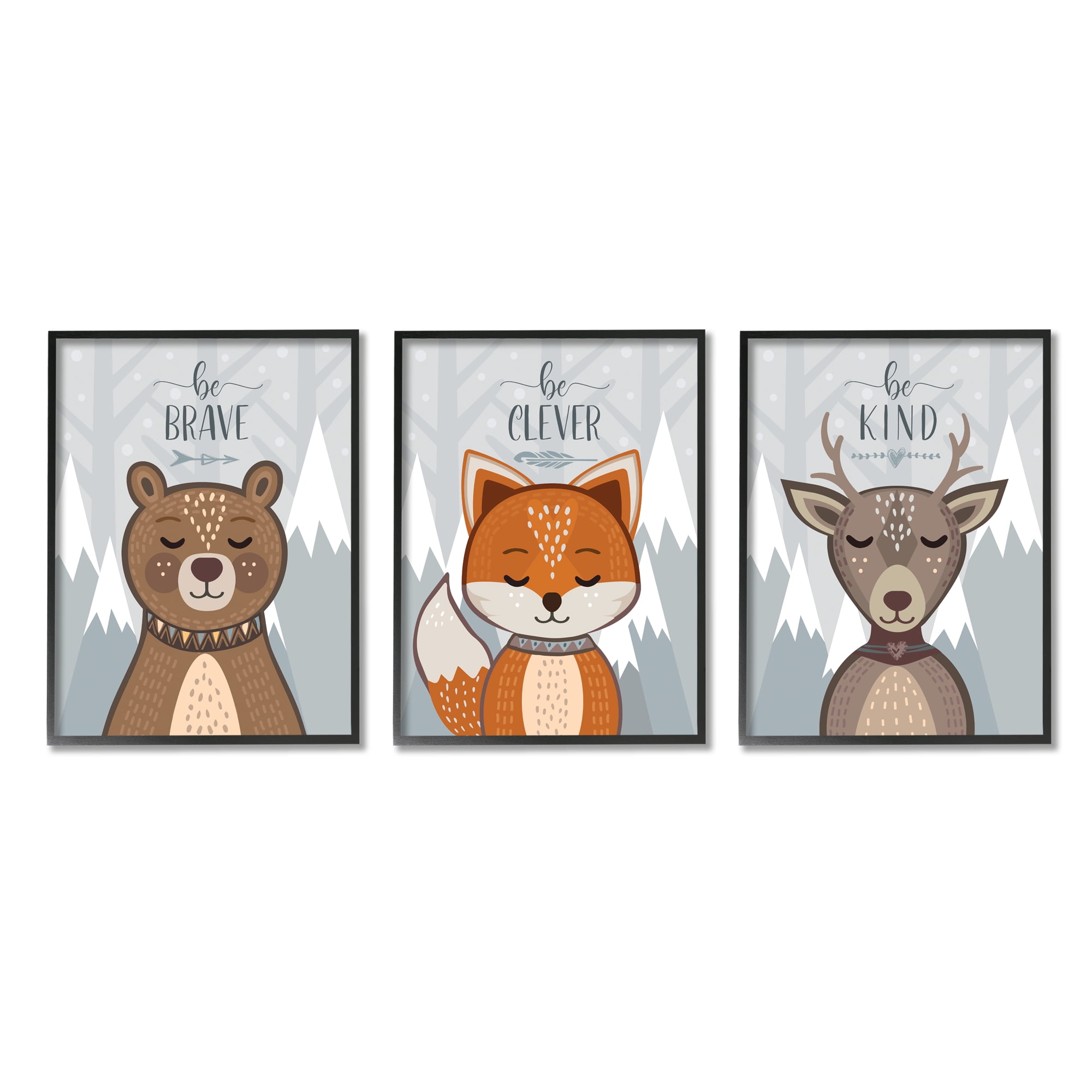 Stupell Industries Be Kind Brave and Clever Phrases Forest Animal Black Framed, 16 x 20, Design by AE Design