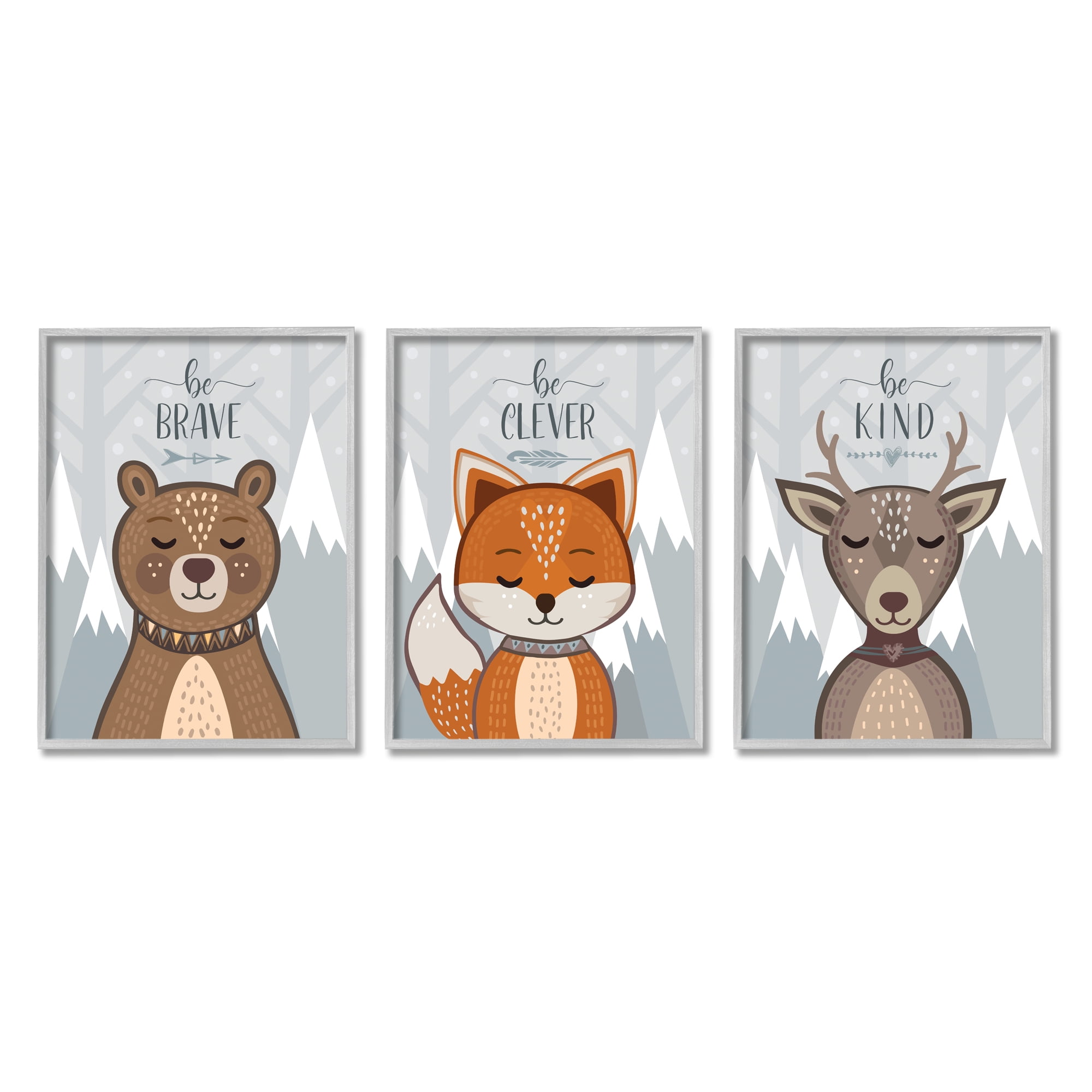 Stupell Industries Be Kind Brave and Clever Phrases Forest Animal Grey Framed, 11 x 14, Design by AE Design