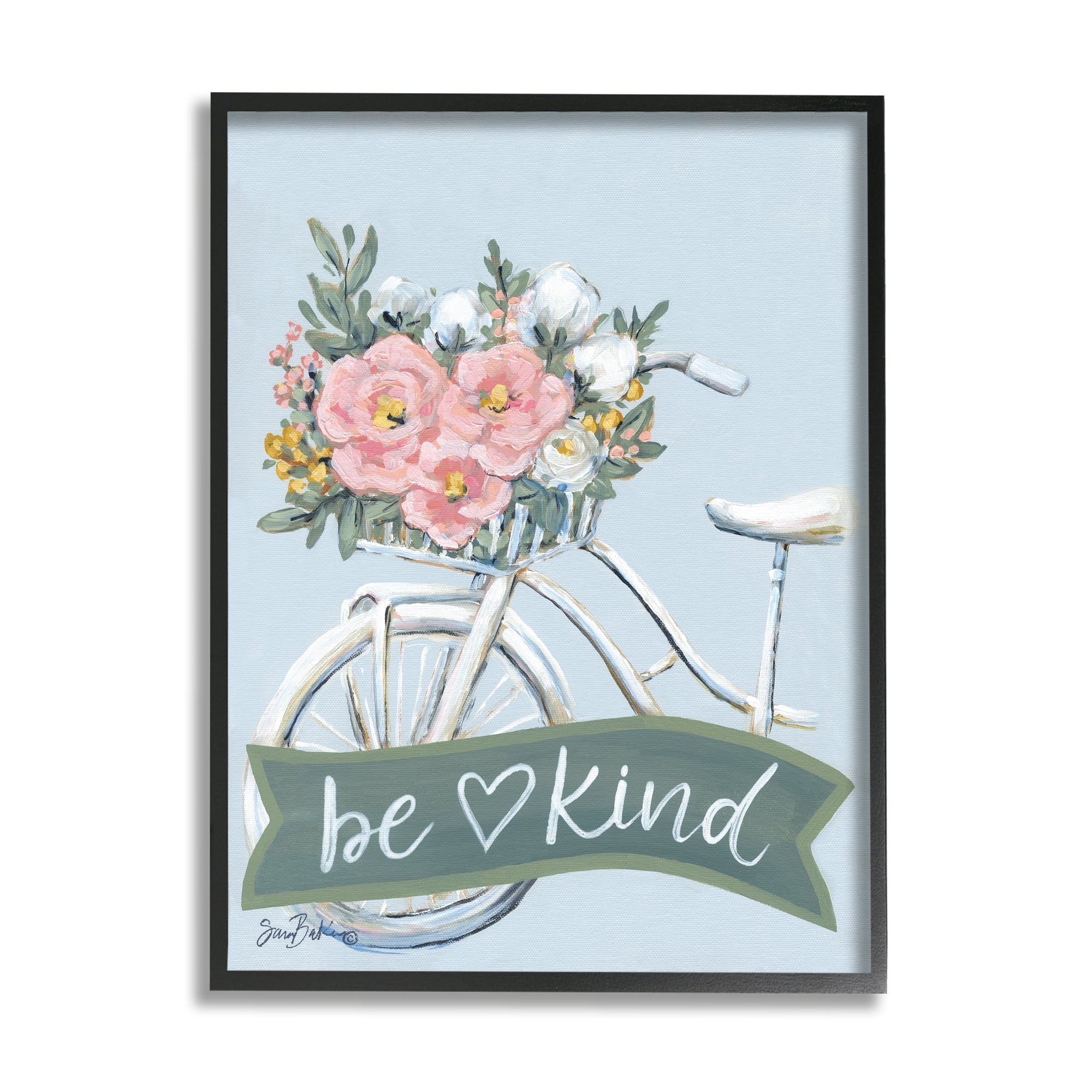Stupell Industries Be Kind Floral Bicycle Botanical & Floral Painting Black Framed Art Print Wall Art, 24 x 30