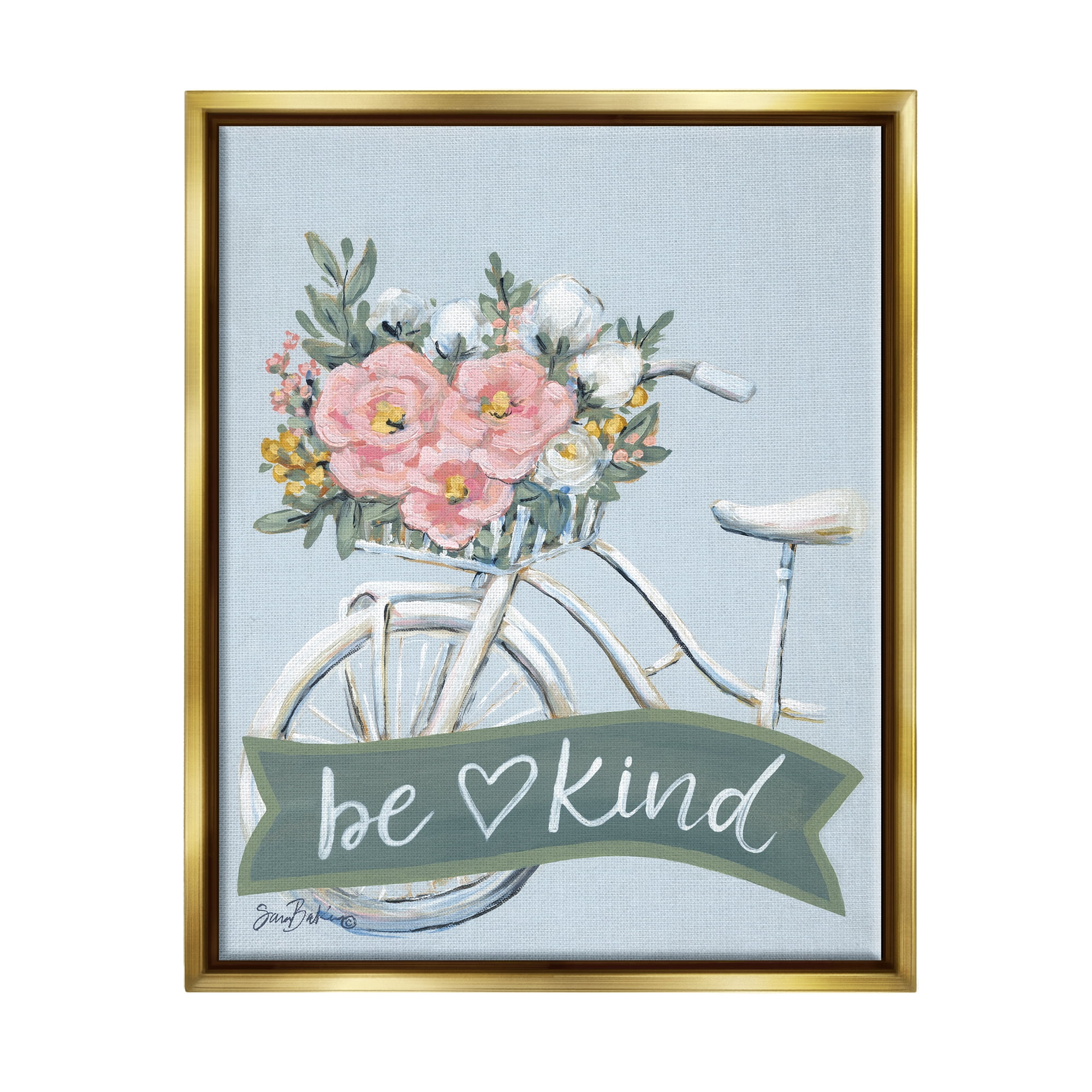 Stupell Industries Be Kind Floral Bicycle Botanical & Floral Painting Gold Floater Framed Art Print Wall Art, 17 x 21