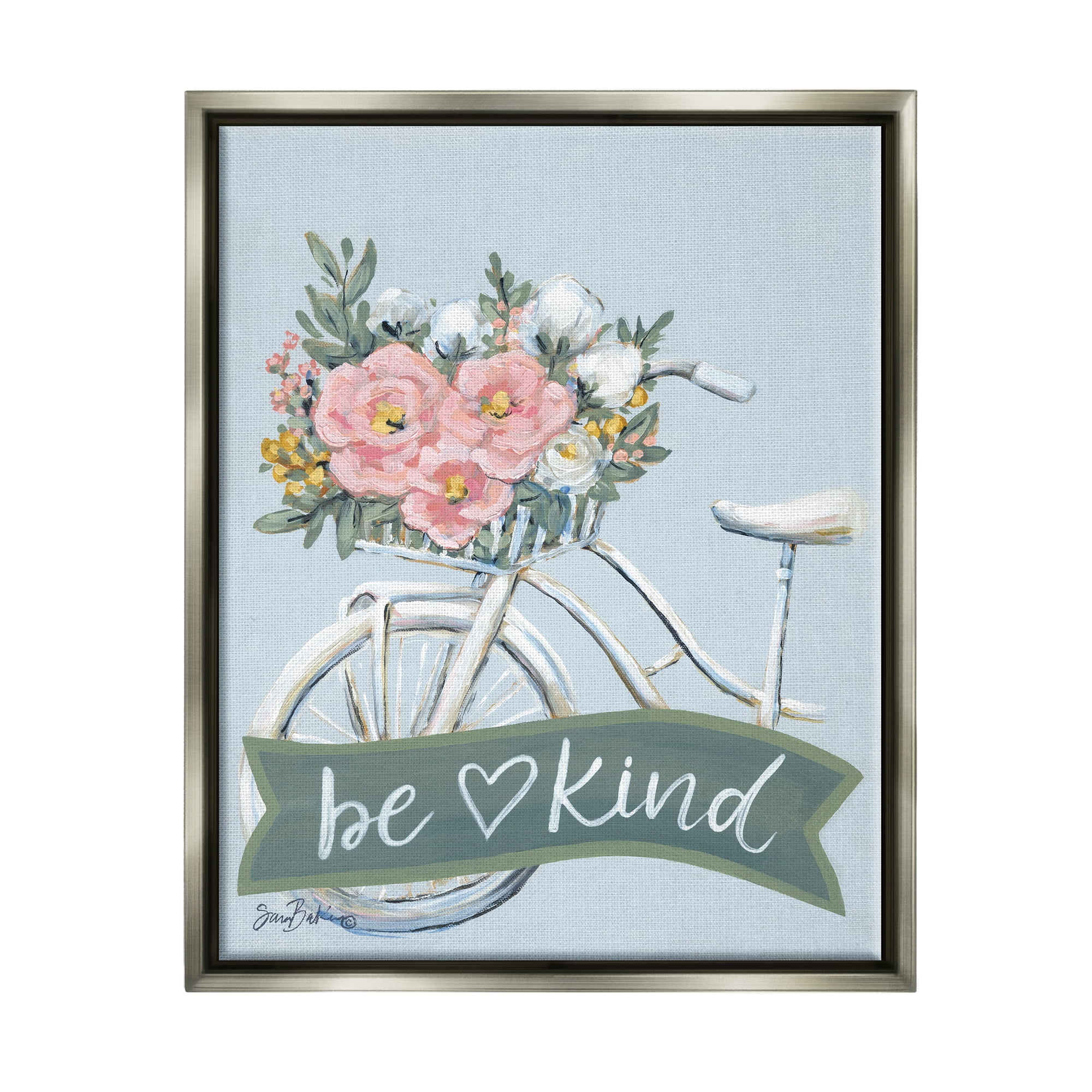 Stupell Industries Be Kind Floral Bicycle Botanical & Floral Painting Gray Floater Framed Art Print Wall Art, 25 x 31
