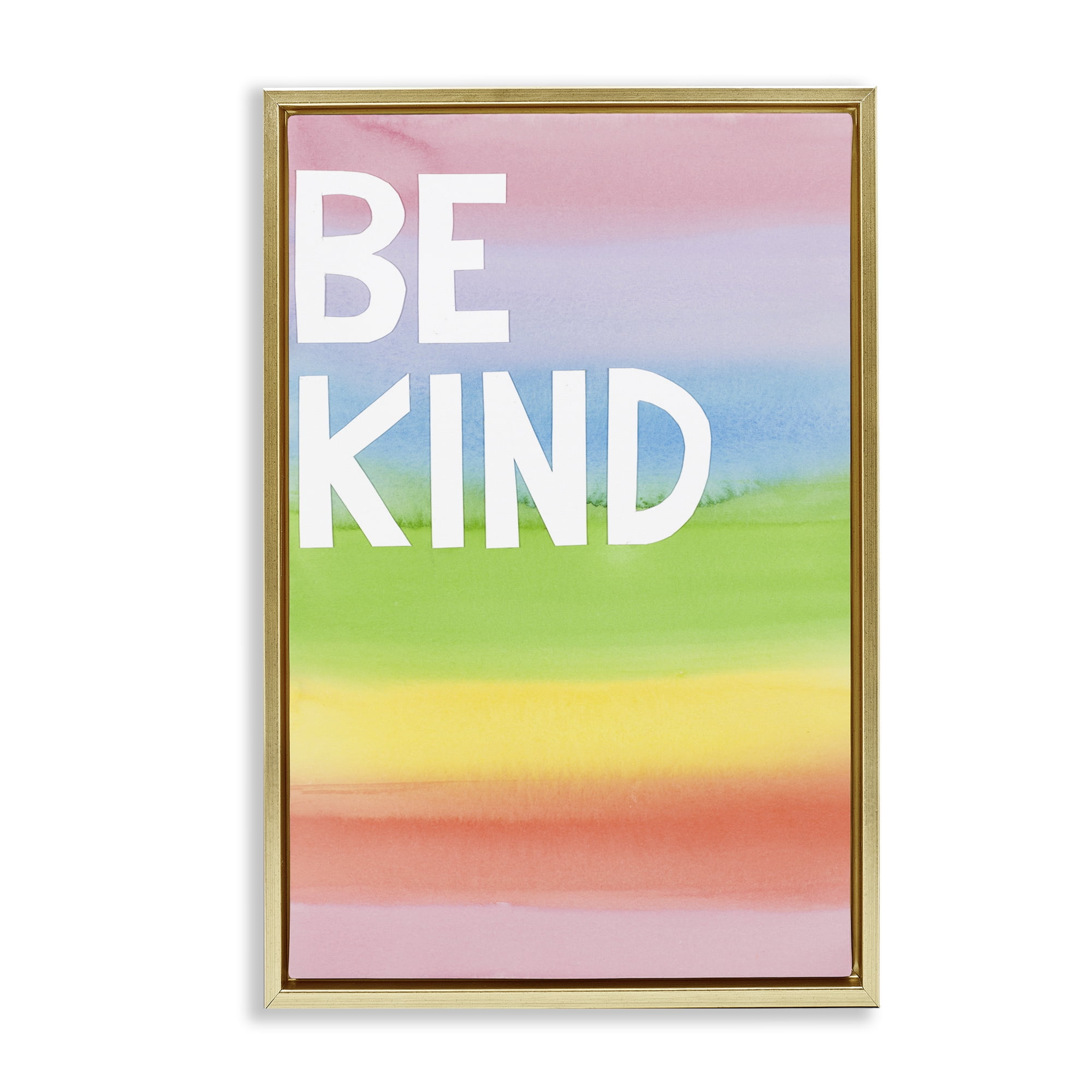 Stupell Industries Be Kind Ombre Rainbow Typography Painting Gold Floater Framed Art Print Wall Art, 21 x 31