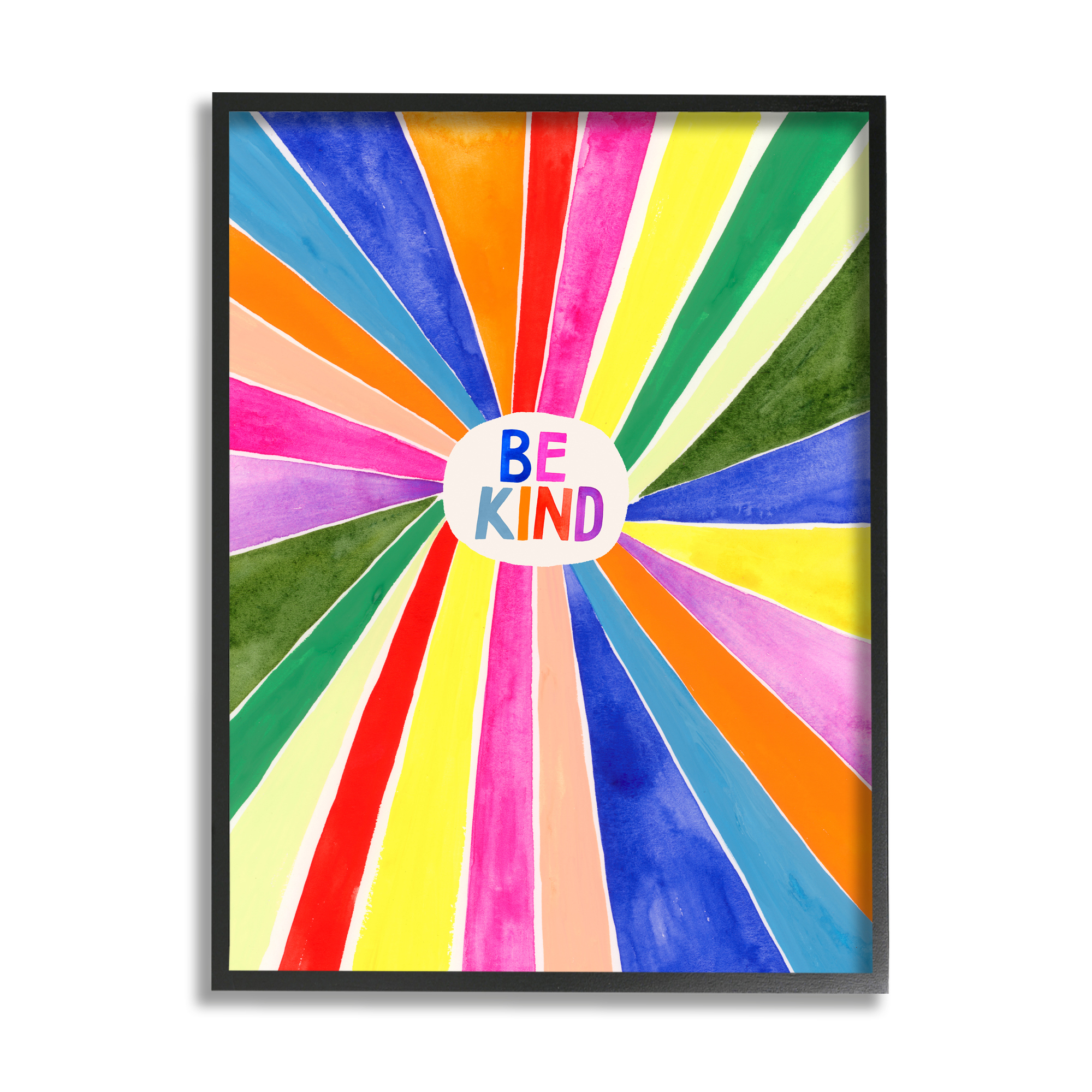 Stupell Industries Be Kind Phrase Rainbow Stripe Burst Art for Kids Painting Black Framed Art Print Wall Art, 16 x 20