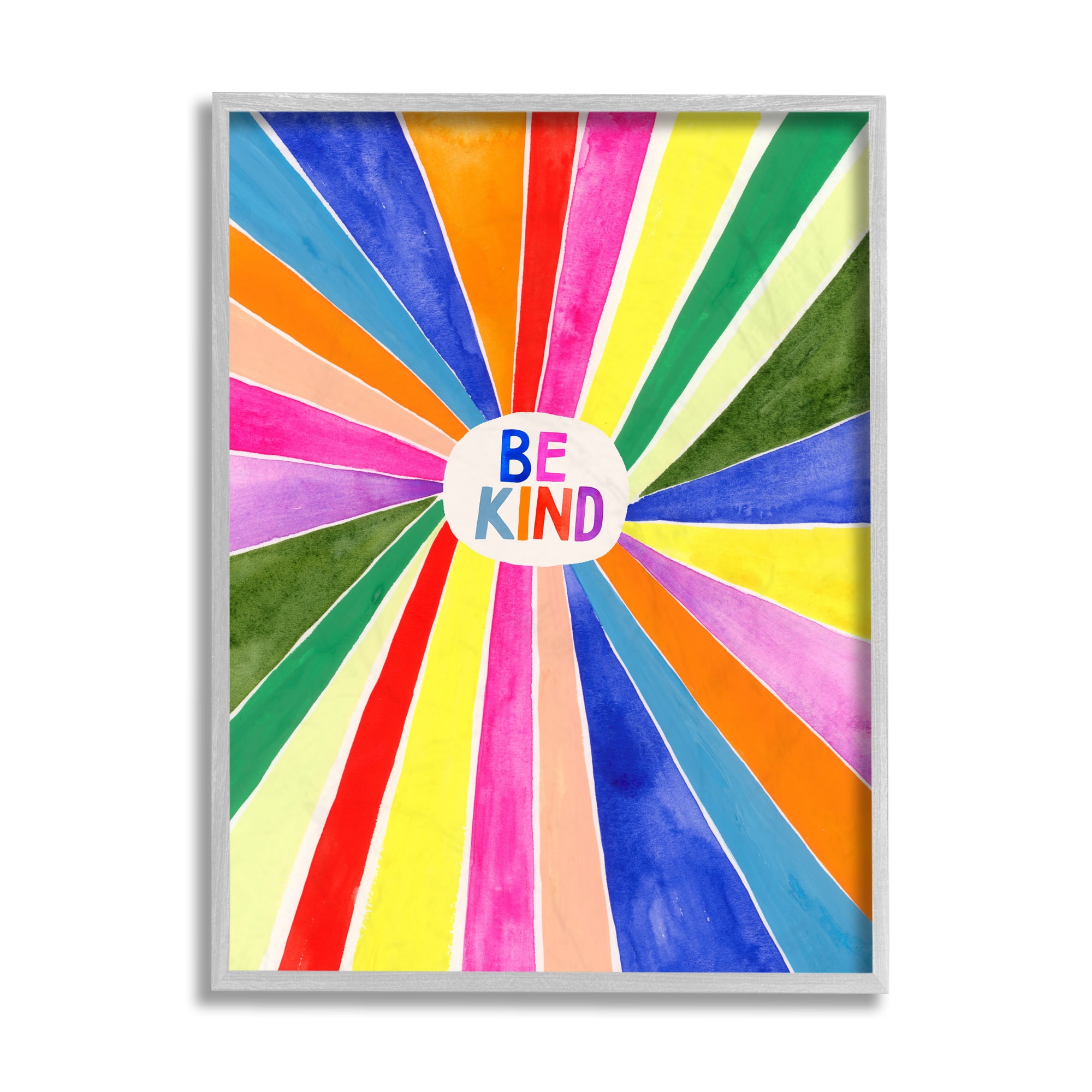 Stupell Industries Be Kind Phrase Rainbow Stripe Burst Art for Kids Painting Gray Framed Art Print Wall Art, 16 x 20