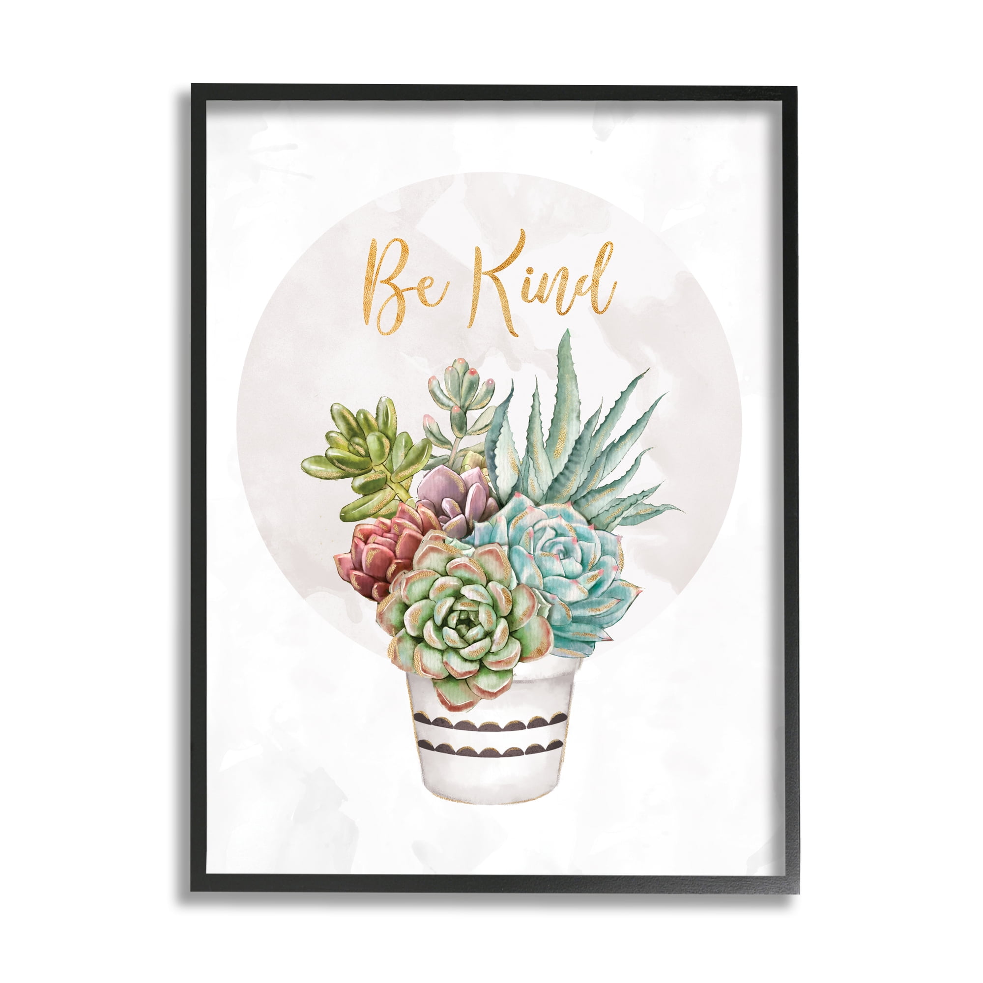 Stupell Industries Be Kind Phrase Soft Potted Succulents Botanical & Floral Painting Black Framed Art Print Wall Art, 11 x 14
