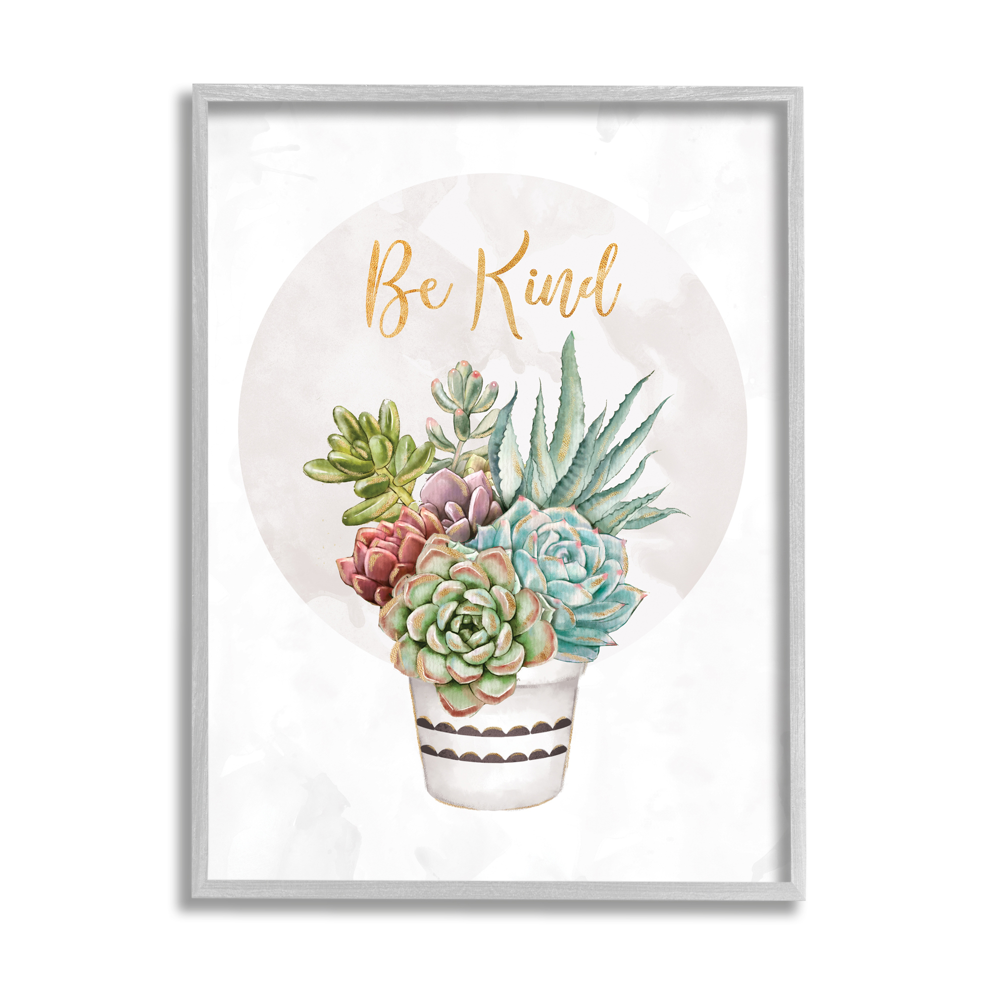 Stupell Industries Be Kind Phrase Soft Potted Succulents Botanical & Floral Painting Gray Framed Art Print Wall Art, 16 x 20