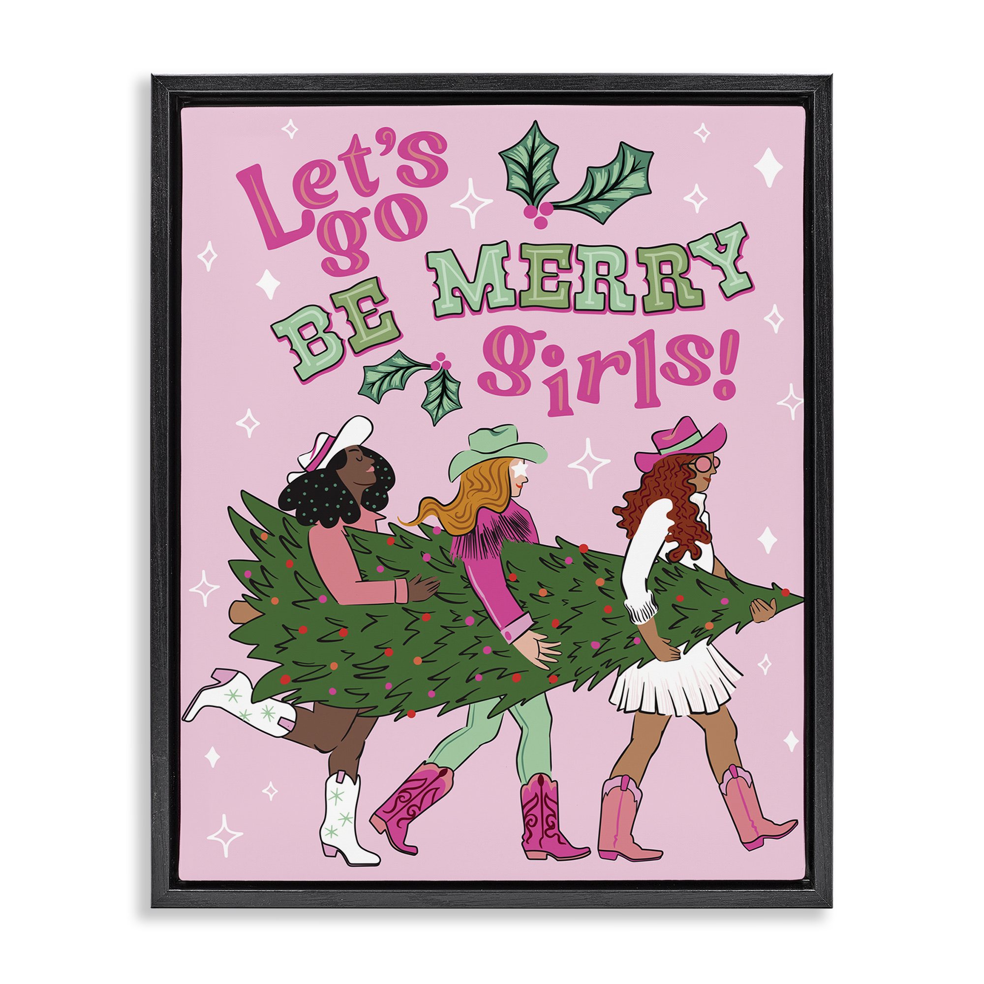 Stupell Industries Be Merry Christmas Cowgirls Holiday Painting Black Floater Framed Canvas Art Prints Wall Art, 25 x 31
