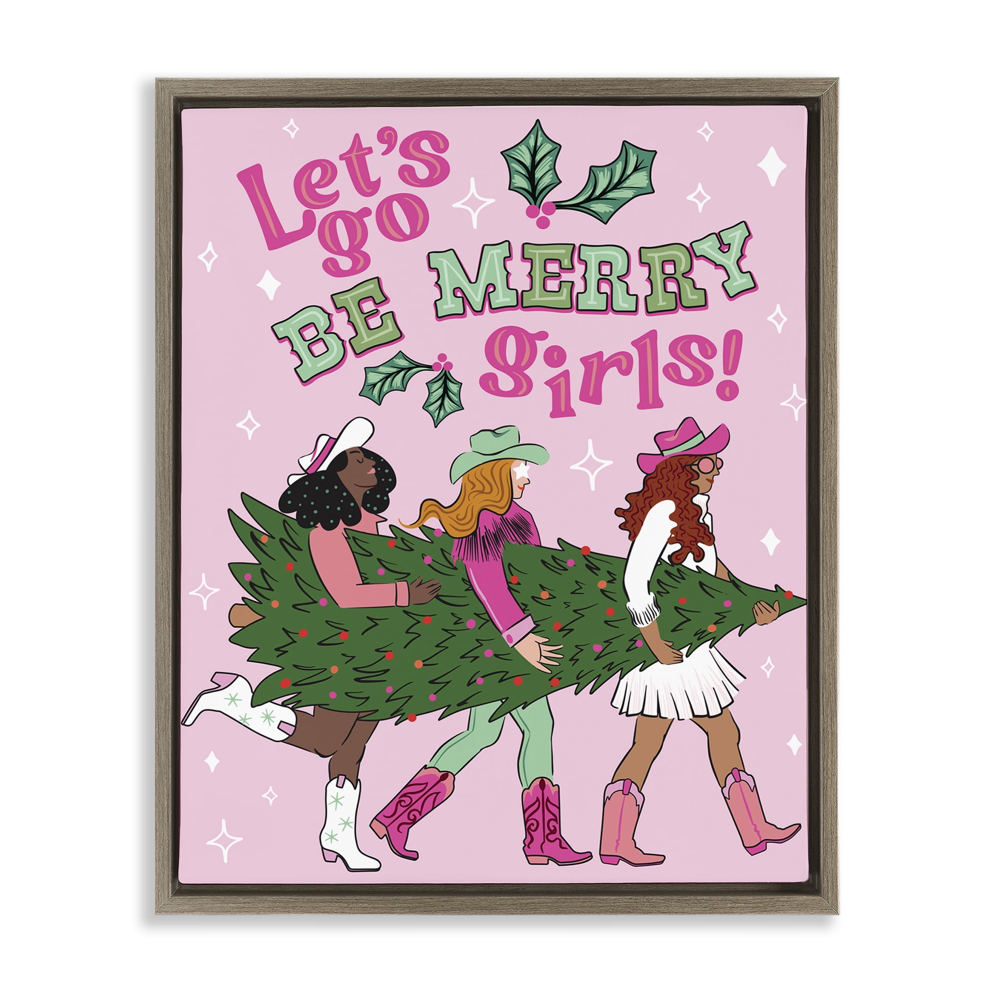 Stupell Industries Be Merry Christmas Cowgirls Holiday Painting Brown Floater Framed Canvas Art Prints Wall Art, 25 x 31
