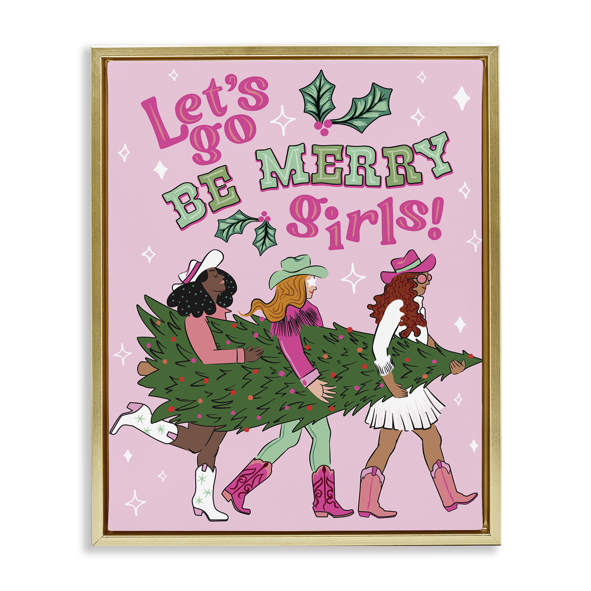 Stupell Industries Be Merry Christmas Cowgirls Holiday Painting Gold Floater Framed Canvas Art Prints Wall Art, 25 x 31