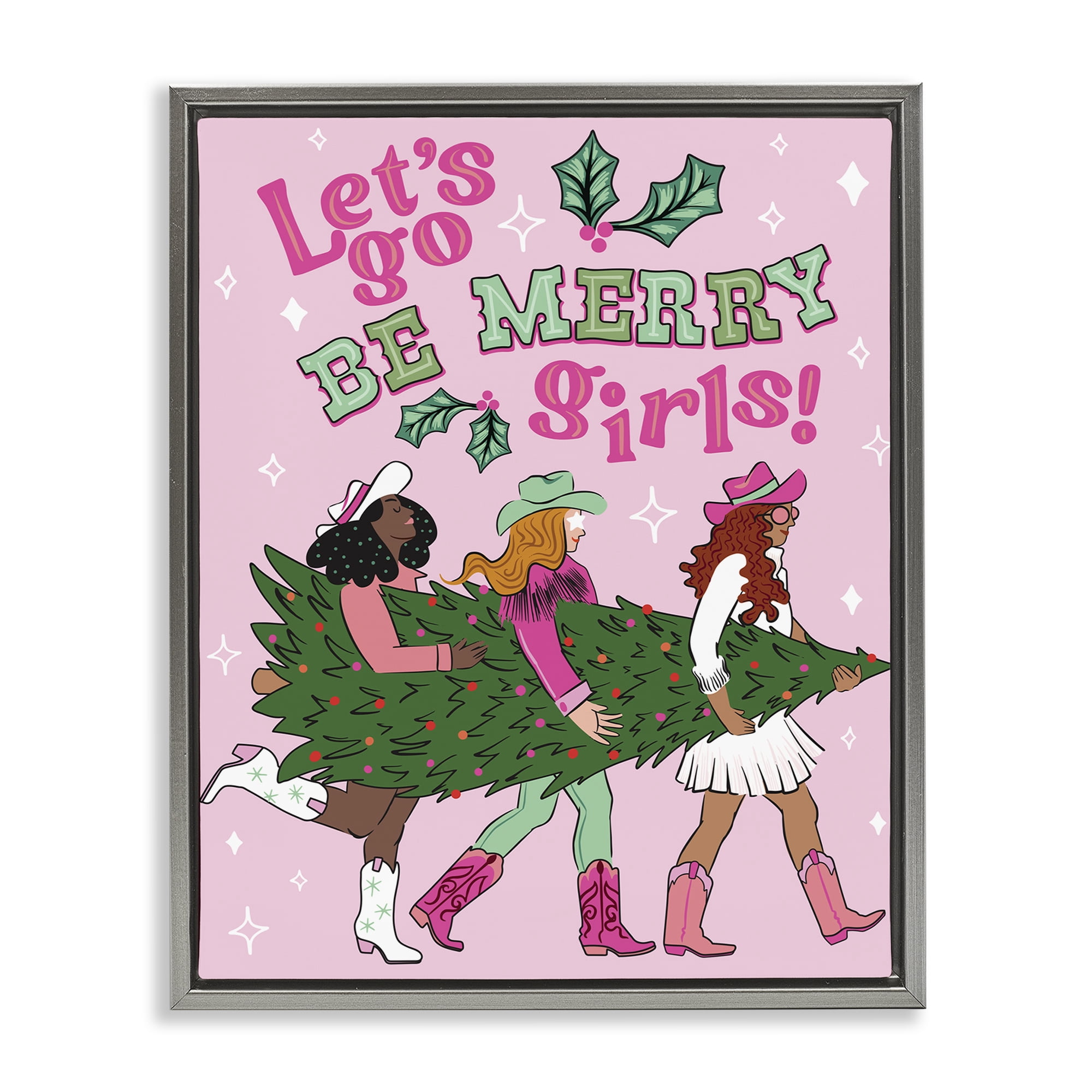 Stupell Industries Be Merry Christmas Cowgirls Holiday Painting Gray Floater Framed Canvas Art Prints Wall Art, 25 x 31