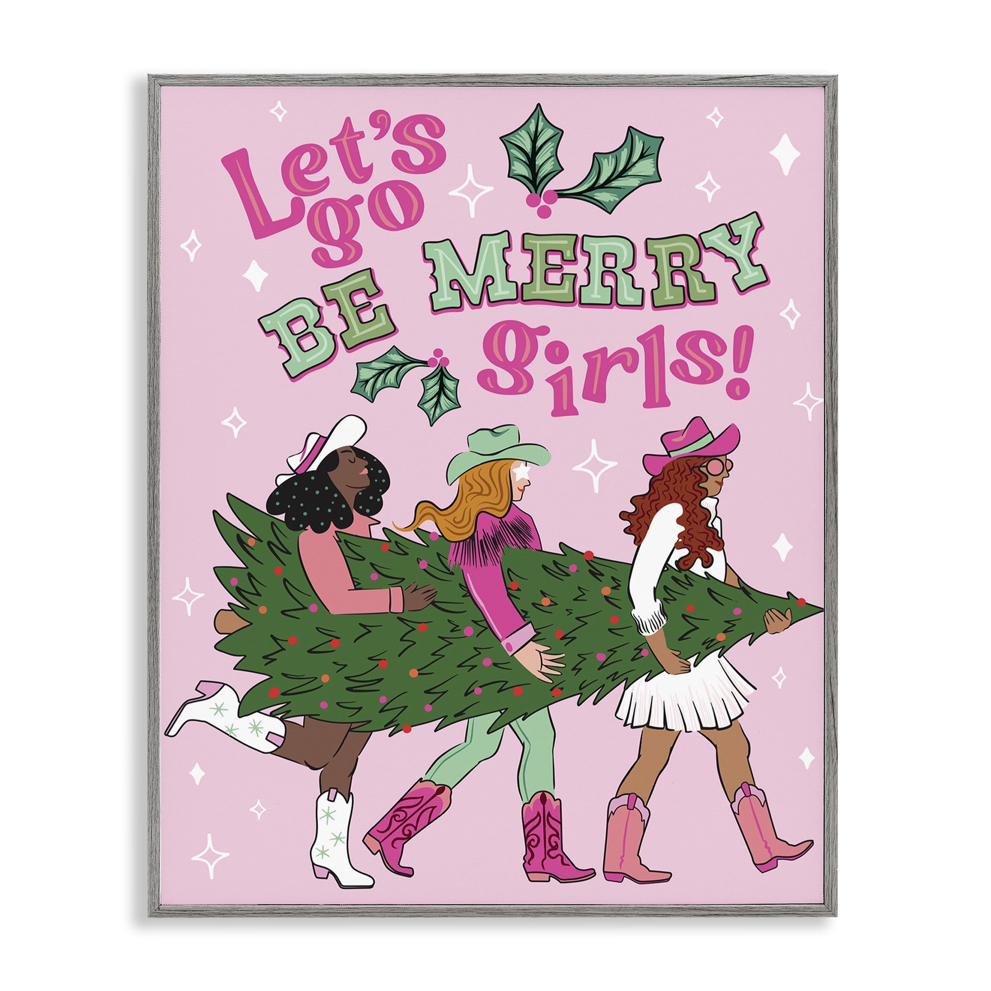 Stupell Industries Be Merry Christmas Cowgirls Holiday Painting Gray Framed Art Prints Wall Art, 24 x 30