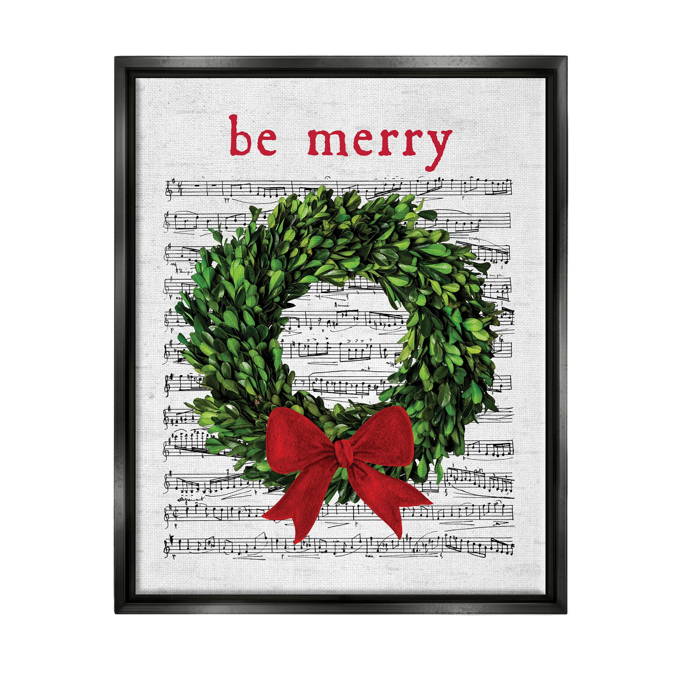 Stupell Industries Be Merry Holiday Music Wreath Graphic Art Jet Black Floating Framed Canvas Print Wall Art, Design by Lettered and Lined