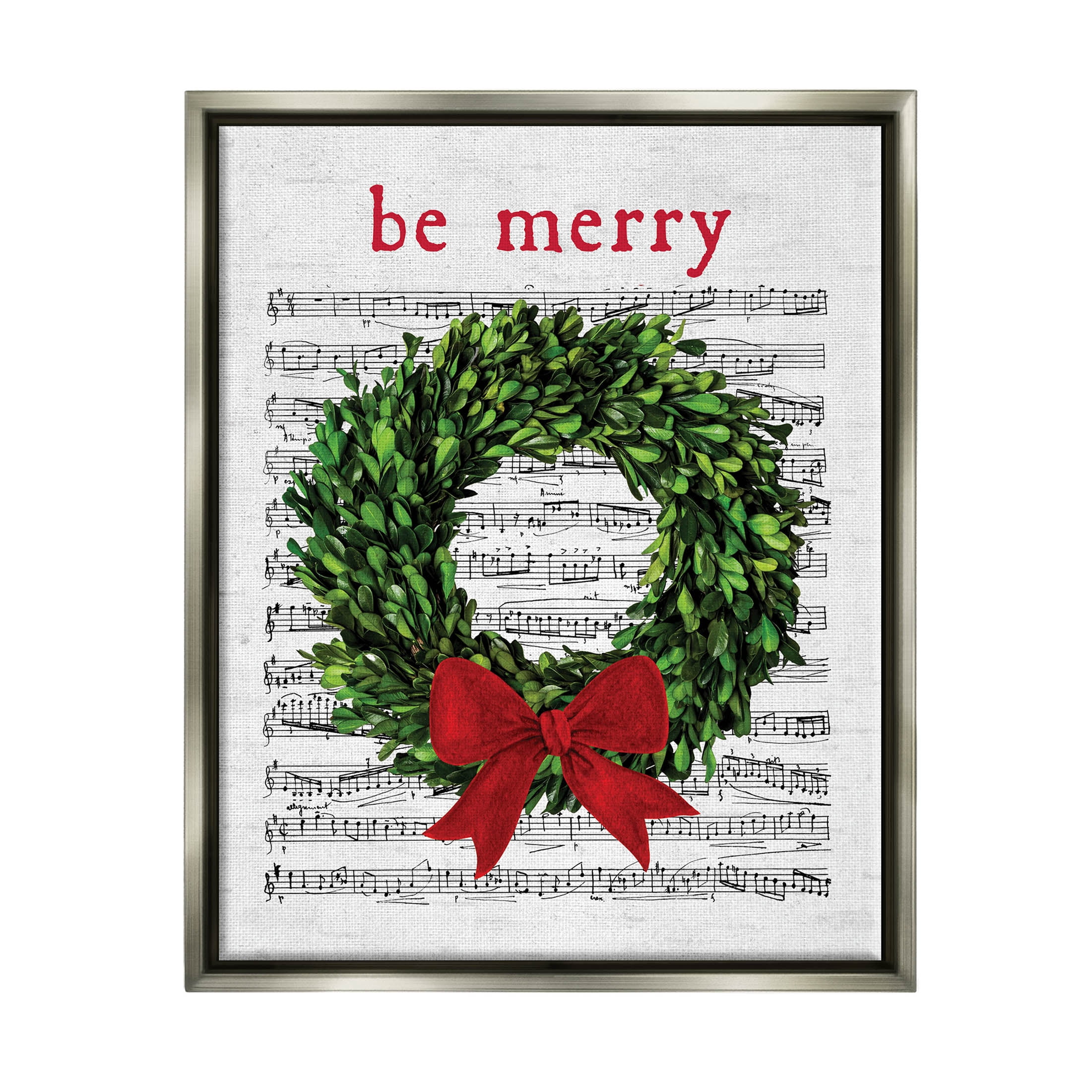 Stupell Industries Be Merry Holiday Music Wreath Graphic Art Luster Gray Floating Framed Canvas Print Wall Art, Design by Lettered and Lined