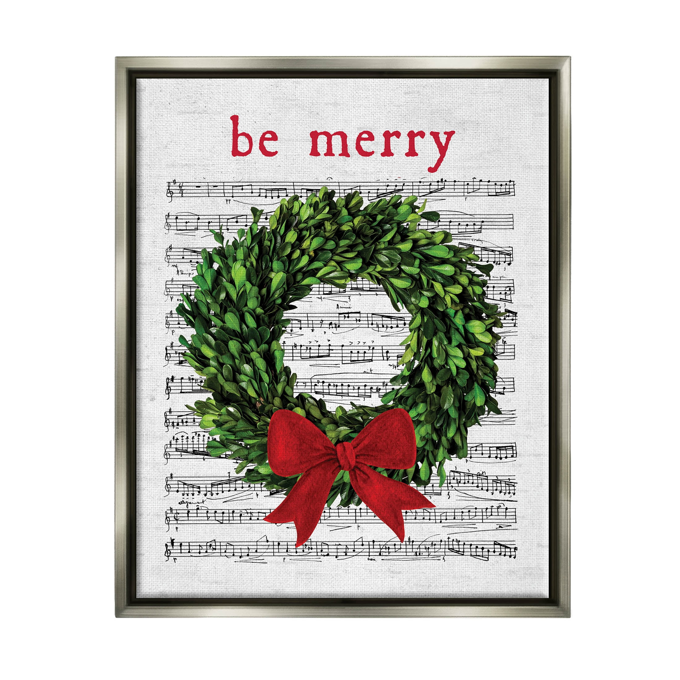 Stupell Industries Be Merry Holiday Music Wreath Graphic Art Luster Gray Floating Framed Canvas Print Wall Art, Design by Lettered and Lined