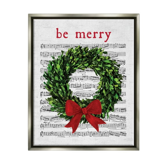 Stupell Industries Be Merry Holiday Music Wreath Graphic Art Luster Gray Floating Framed Canvas Print Wall Art, Design by Lettered and Lined
