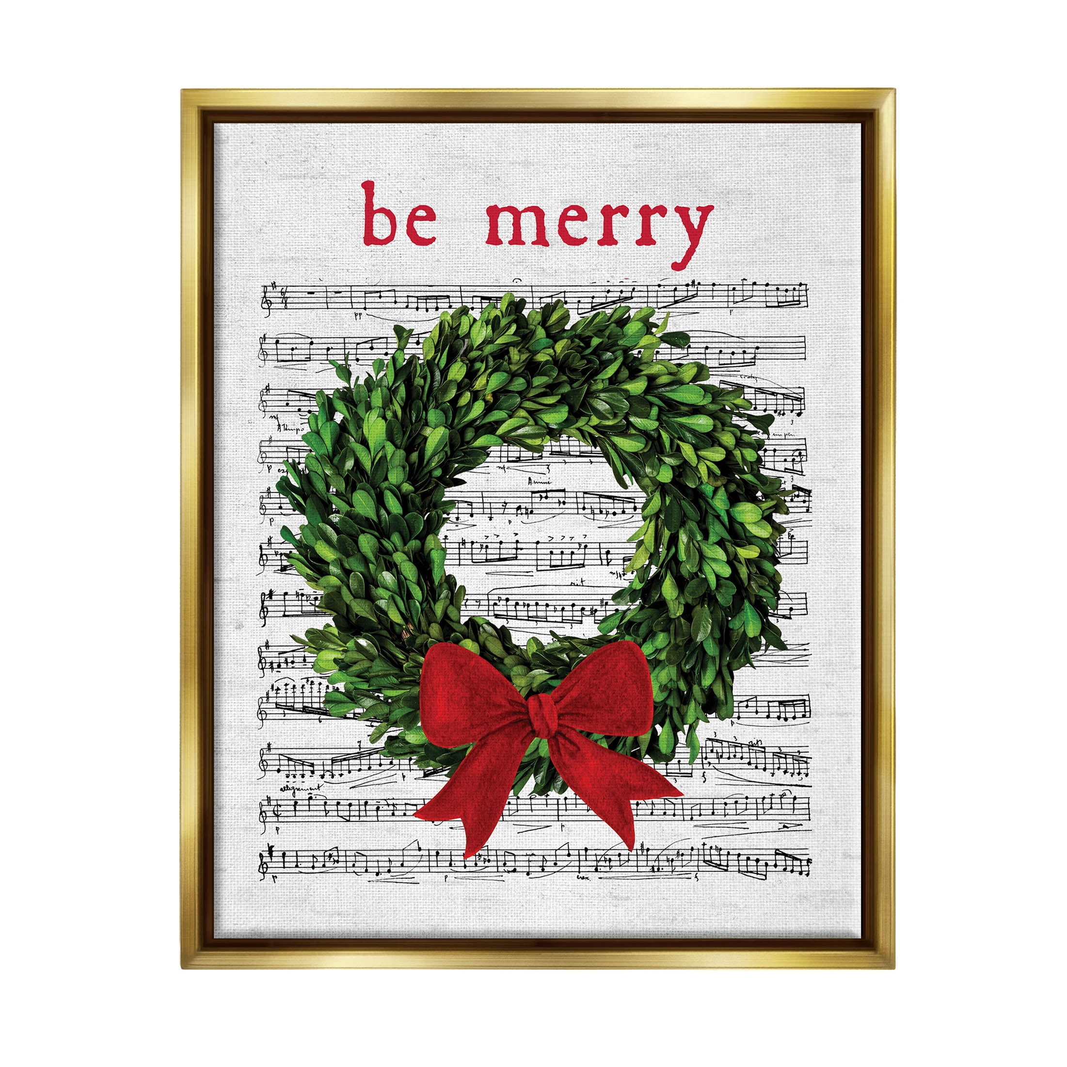 Stupell Industries Be Merry Holiday Music Wreath Graphic Art Metallic Gold Floating Framed Canvas Print Wall Art, Design by Lettered and Lined