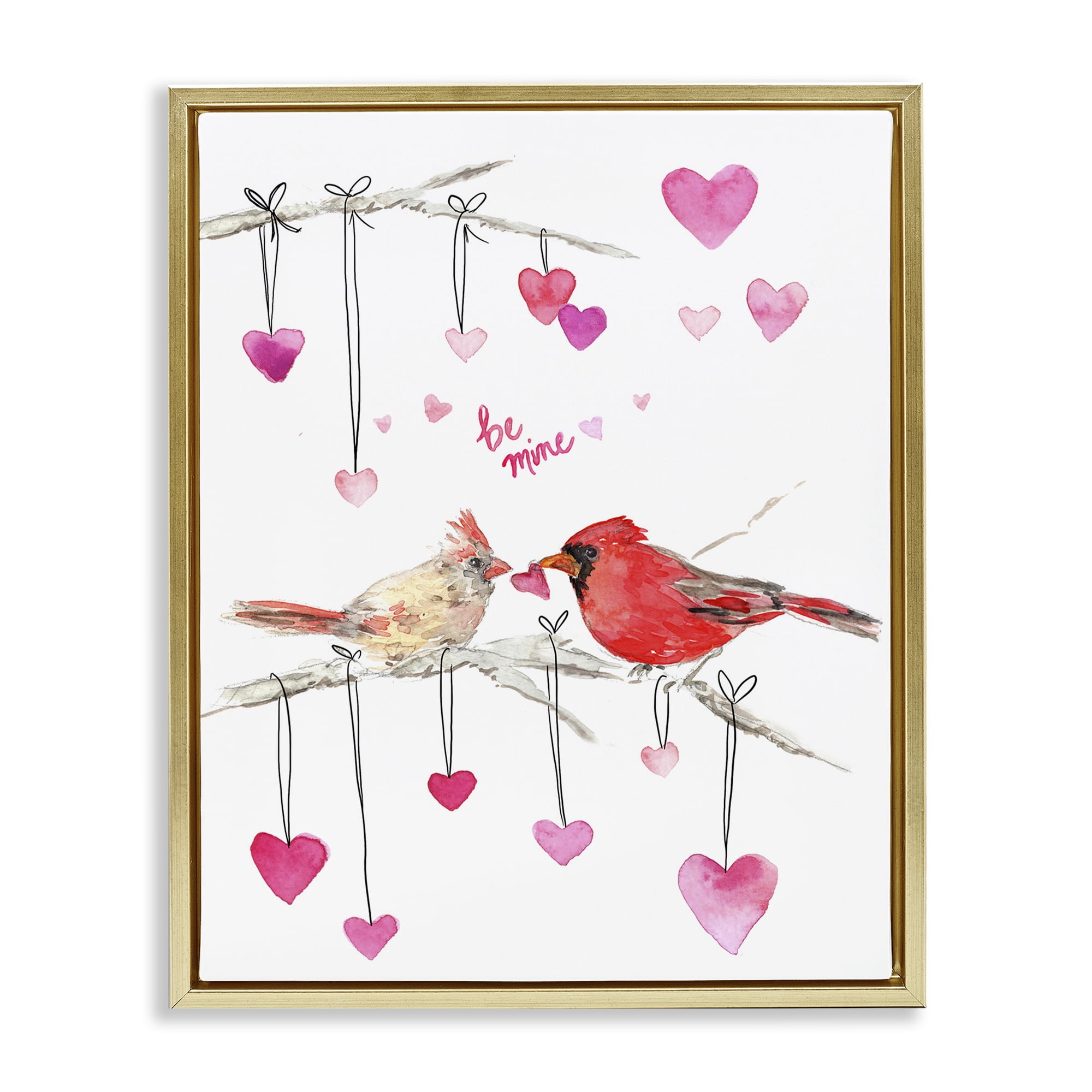 Stupell Industries Be Mine Cardinals Holiday Painting Gold Floater Framed Art Print Wall Art, 17 x 21
