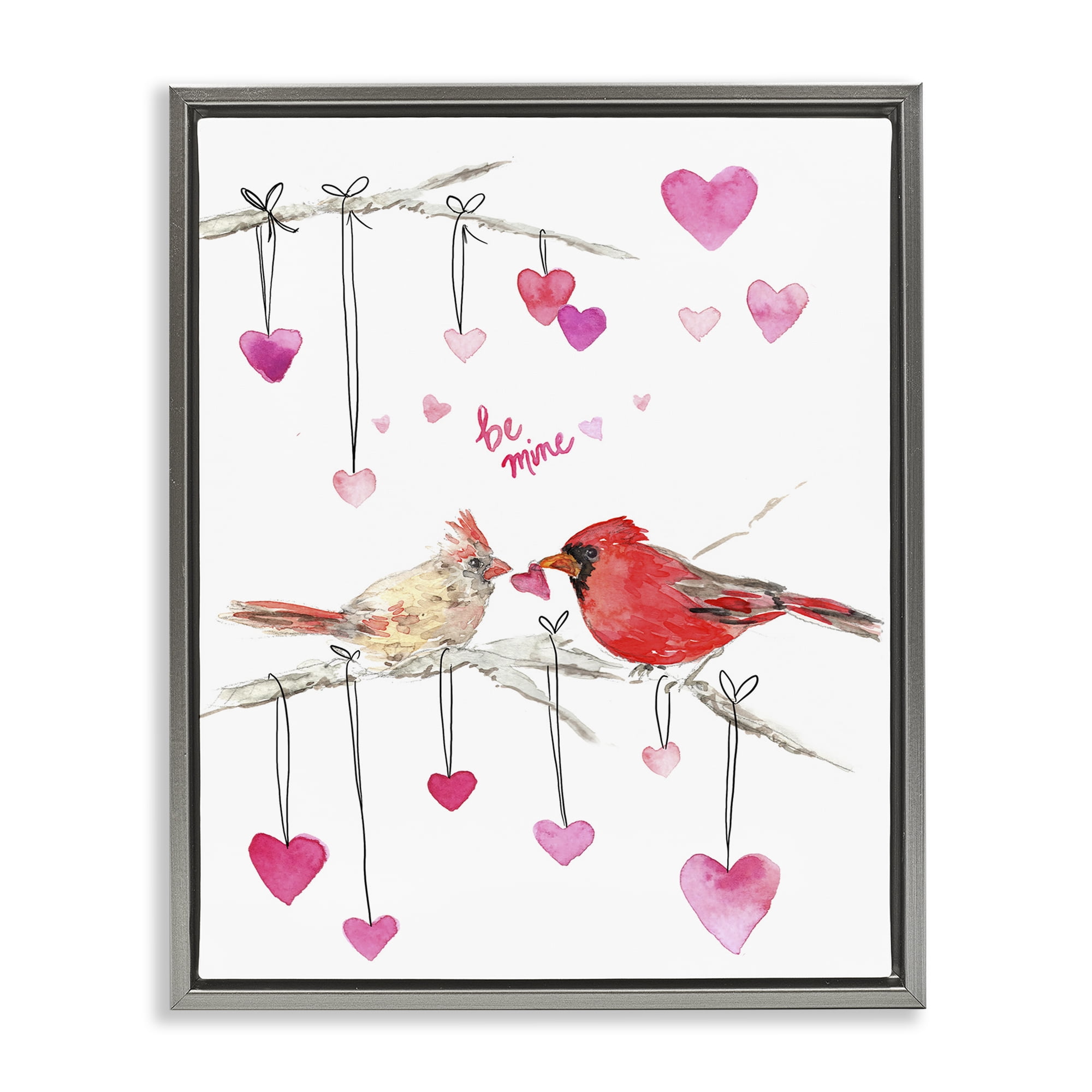 Stupell Industries Be Mine Cardinals Holiday Painting Gray Floater Framed Art Print Wall Art, 17 x 21
