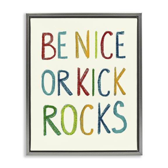 Stupell Industries Be Nice Minimal Phrase Text & Numbers Painting Gray Floater Framed Canvas Art Print Wall Art, 25 x 31