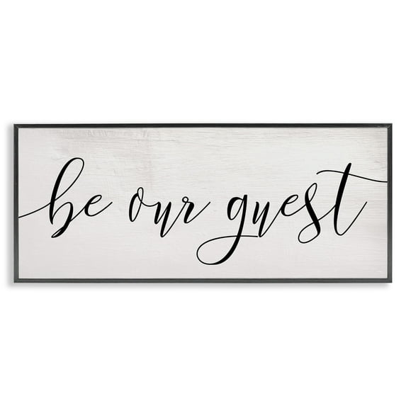 Stupell Industries Be Our Guest Script White Wood Look Typography Graphic Art Black Framed Art Print Wall Art, 10x24, by Daphne Polselli