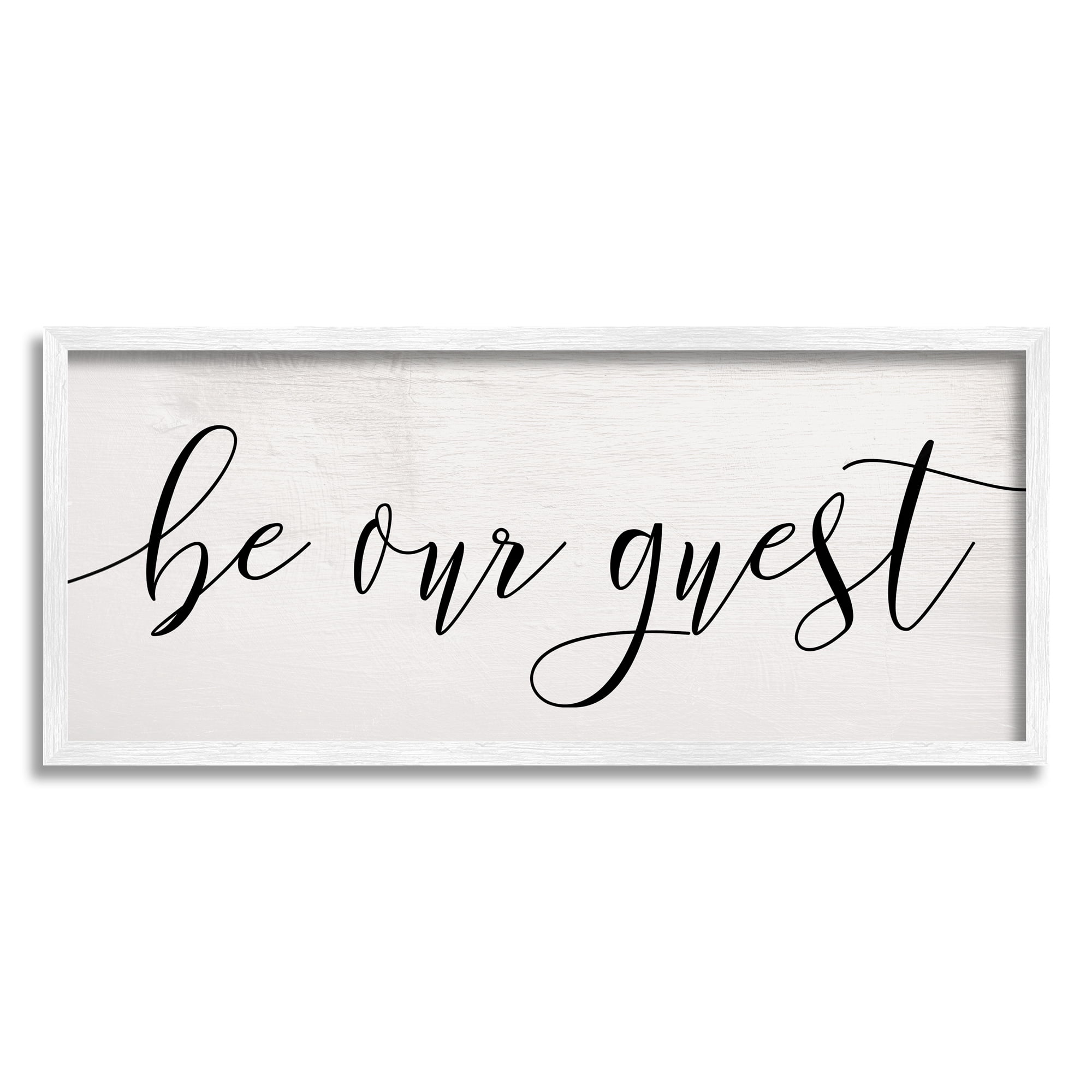 Stupell Industries Be Our Guest Script White Wood Look Typography Graphic Art White Framed Art Print Wall Art, 13x30, by Daphne Polselli