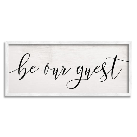Stupell Industries Be Our Guest Script White Wood Look Typography Graphic Art White Framed Art Print Wall Art, 13x30, by Daphne Polselli