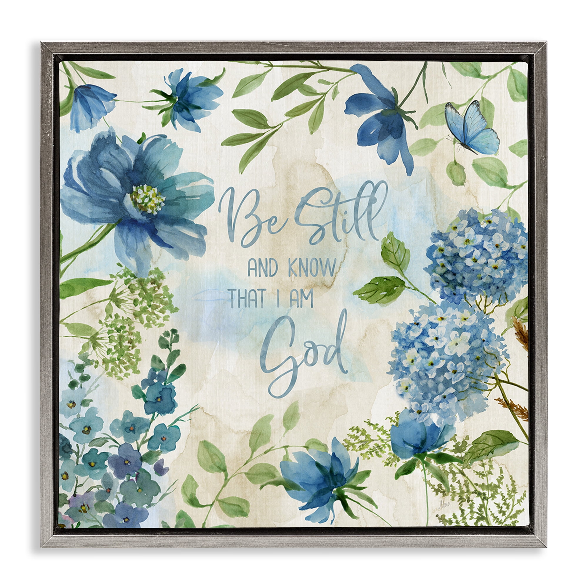 Stupell Industries Be Still Floral Phrase Religious Painting Gray Floater Framed Canvas Art Print Wall Art, 18 x 18