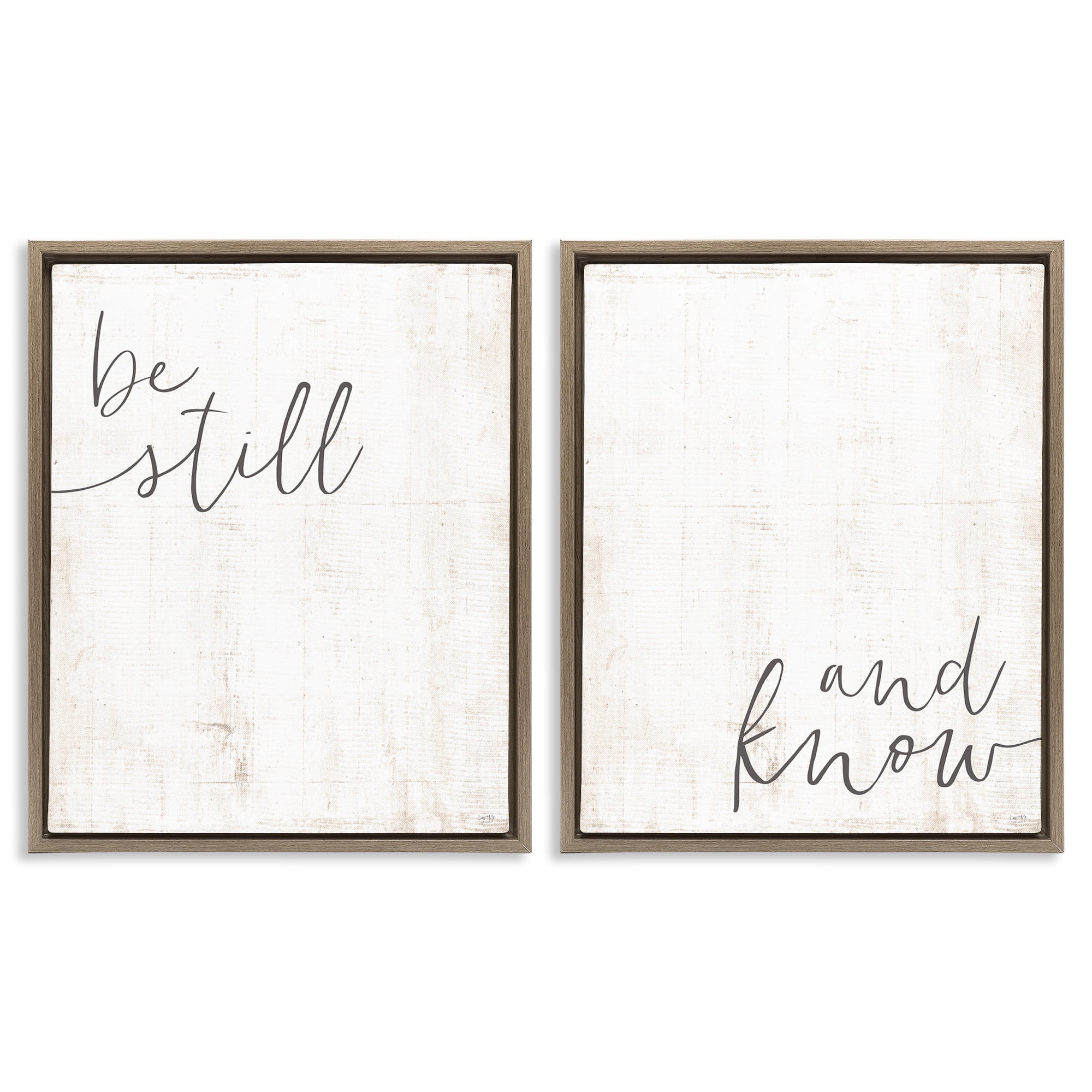 Stupell Industries Be Still & Know Spiritual Calligraphy Inspirational Painting Brown Floater Framed Canvas Art Print Wall Art, 17 x 21, Set of 2