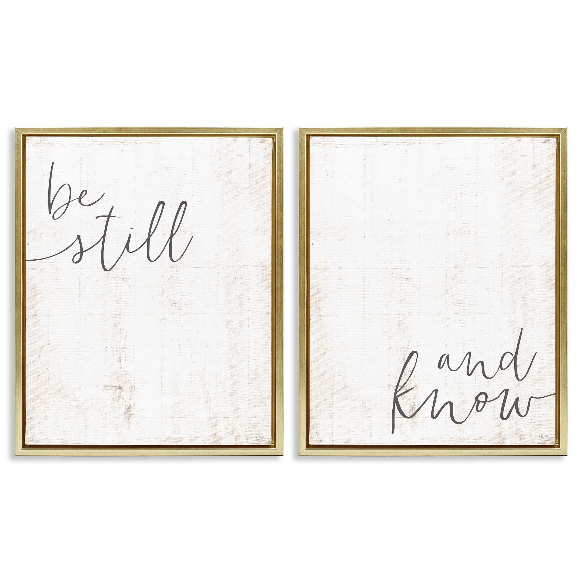 Stupell Industries Be Still & Know Spiritual Calligraphy Inspirational Painting Gold Floater Framed Canvas Art Print Wall Art, 17 x 21, Set of 2