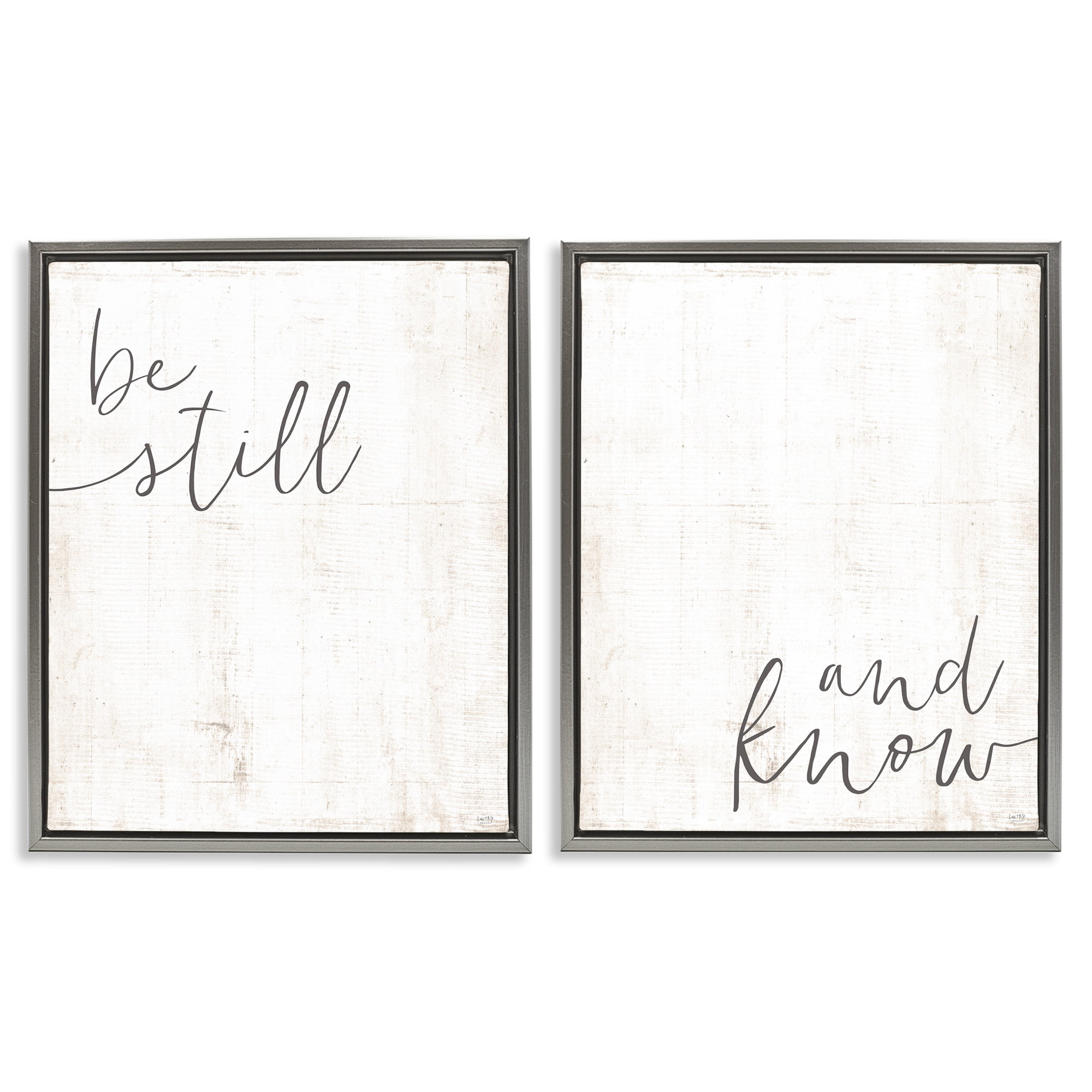 Stupell Industries Be Still & Know Spiritual Calligraphy Inspirational Painting Gray Floater Framed Canvas Art Print Wall Art, 25 x 31, Set of 2