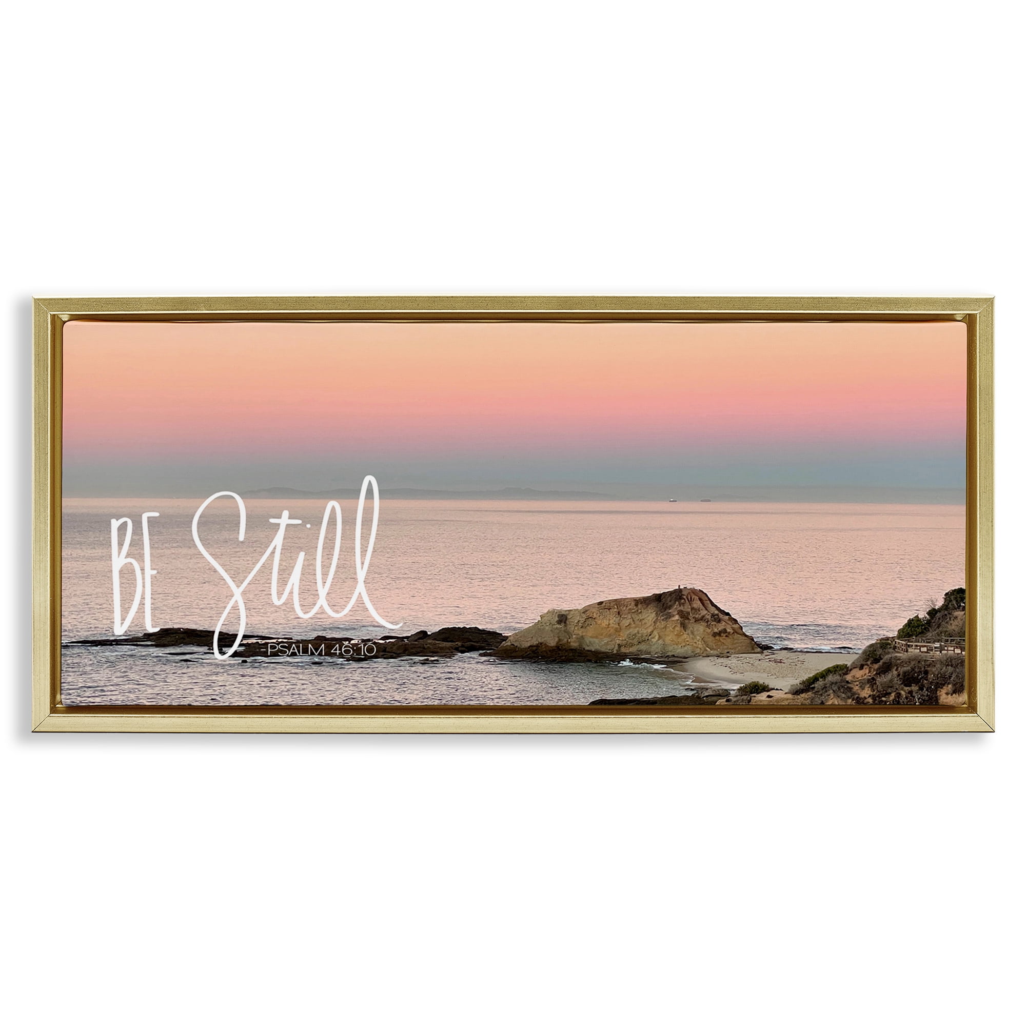 Stupell Industries Be Still Peaceful Beach Landscape Painting Gold Floater Framed Canvas Art Print Wall Art, 25 x 11