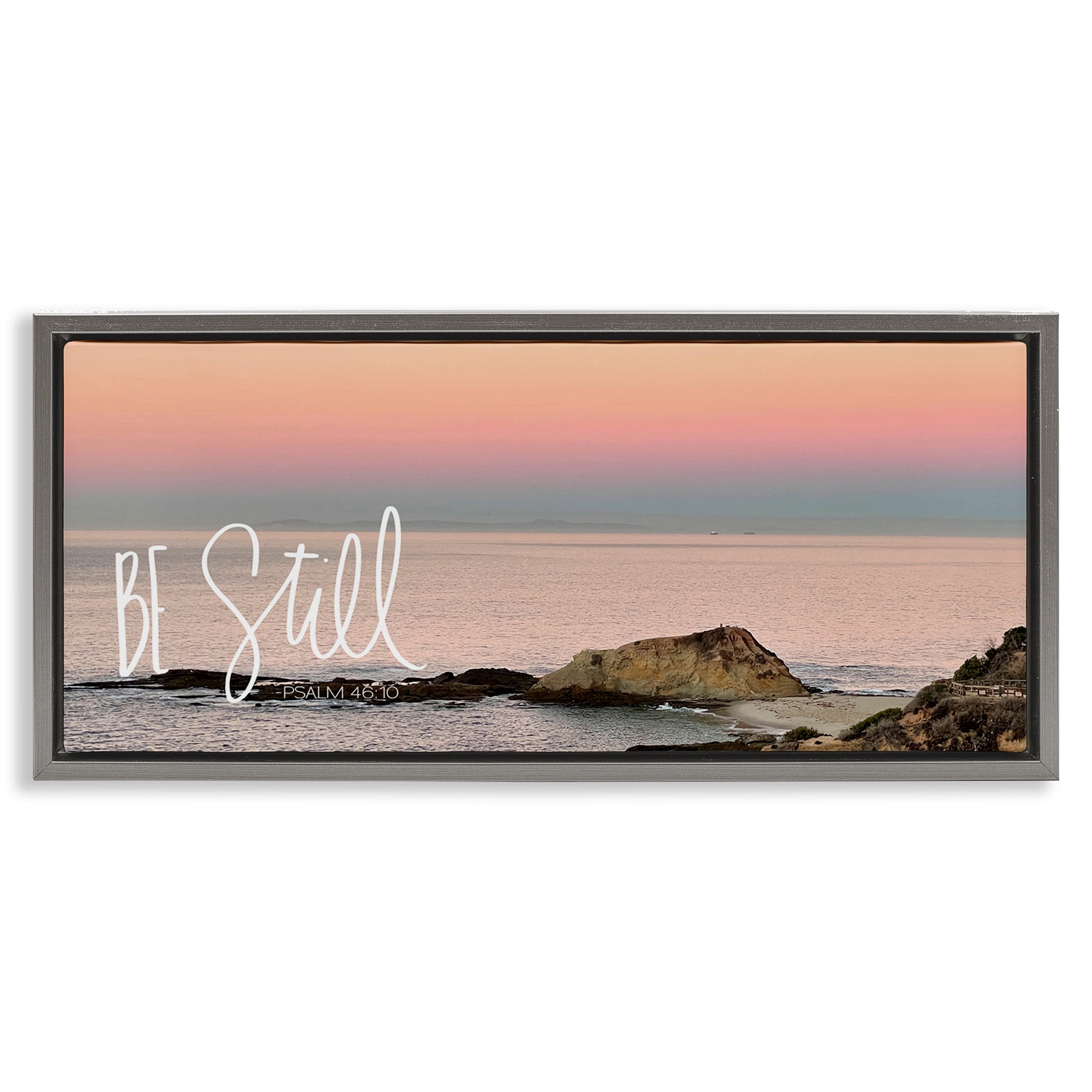 Stupell Industries Be Still Peaceful Beach Landscape Painting Gray Floater Framed Canvas Art Print Wall Art, 31 x 14
