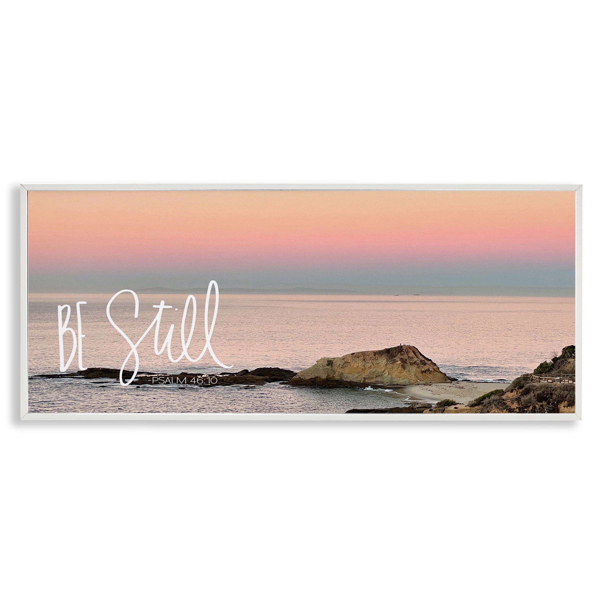 Stupell Industries Be Still Peaceful Beach Landscape Painting White Framed Art Print Wall Art, 24 x 10