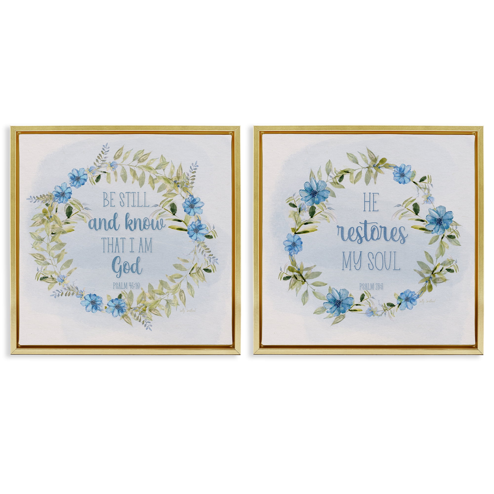Stupell Industries Be Still Restores Psalm Religious & Spiritual Painting Gold Floater Framed Canvas Art Print Wall Art, 25 x 25, Set of 2