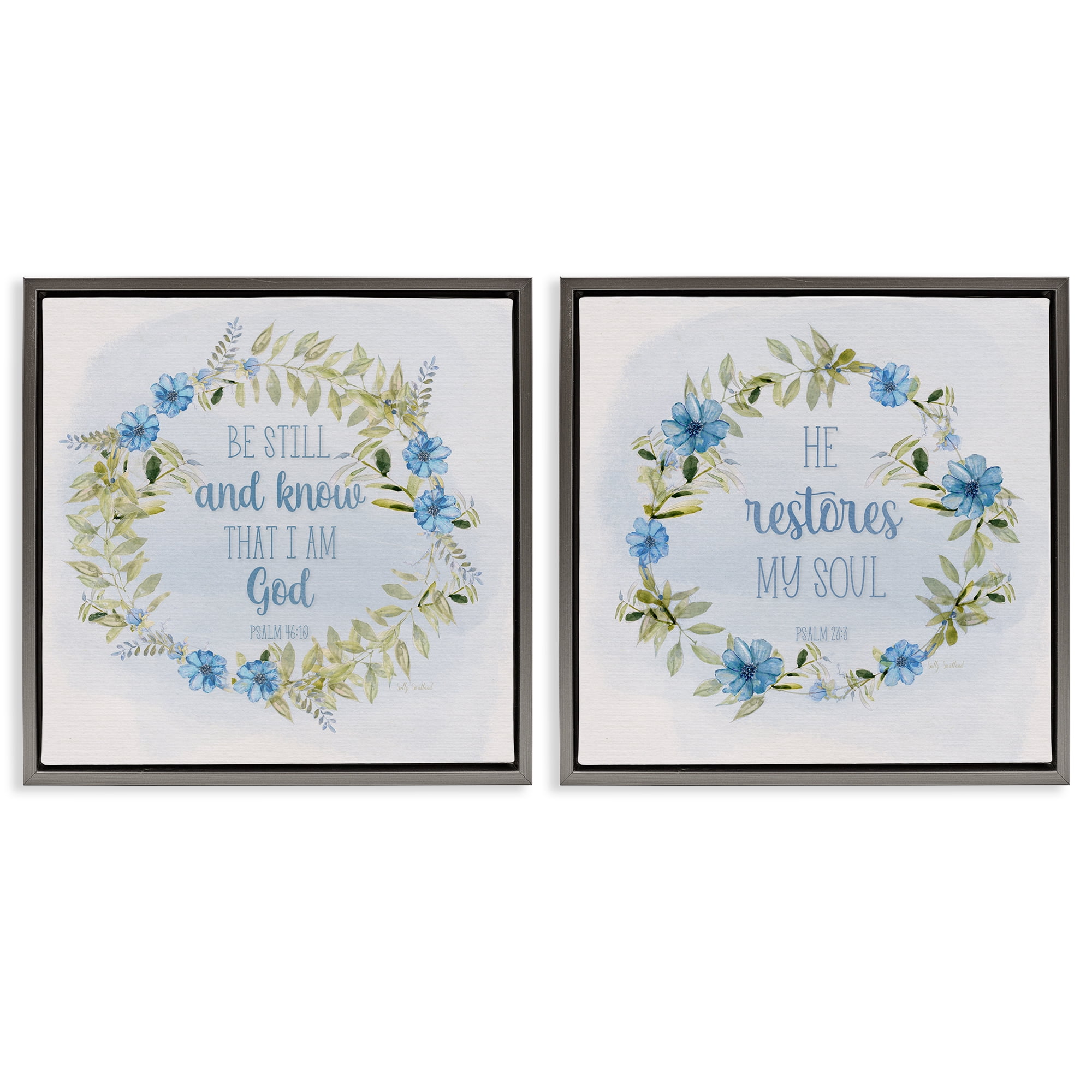 Stupell Industries Be Still Restores Psalm Religious & Spiritual Painting Gray Floater Framed Canvas Art Print Wall Art, 18 x 18, Set of 2